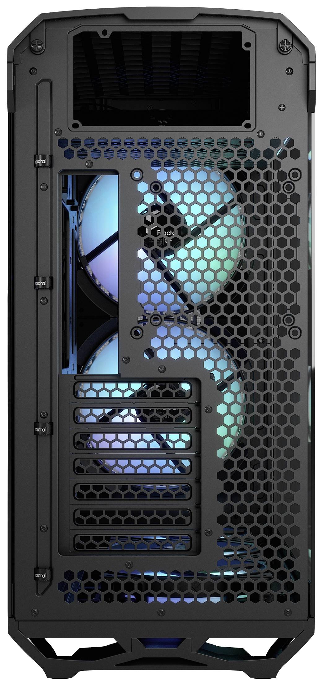 Computergehäuse-Rückseite mit großem Gitter, sichtbar sind große Lüfter mit blaugrüner Beleuchtung.