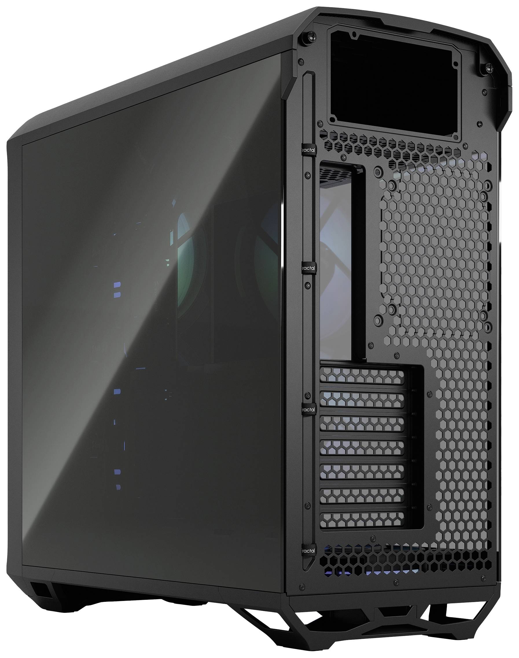 Schwarzes Computergehäuse mit transparentem Seitenteil, offenem Frontgitter und mehreren Lüftereinschüssen für Belüftung.