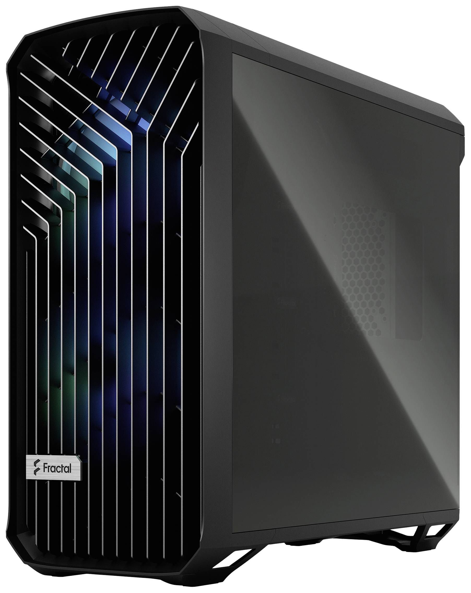 Schwarzes PC-Gehäuse mit transparentem Seitenpanel und belüfteter Front; modernes Design, geeignet für Computeraufbau.