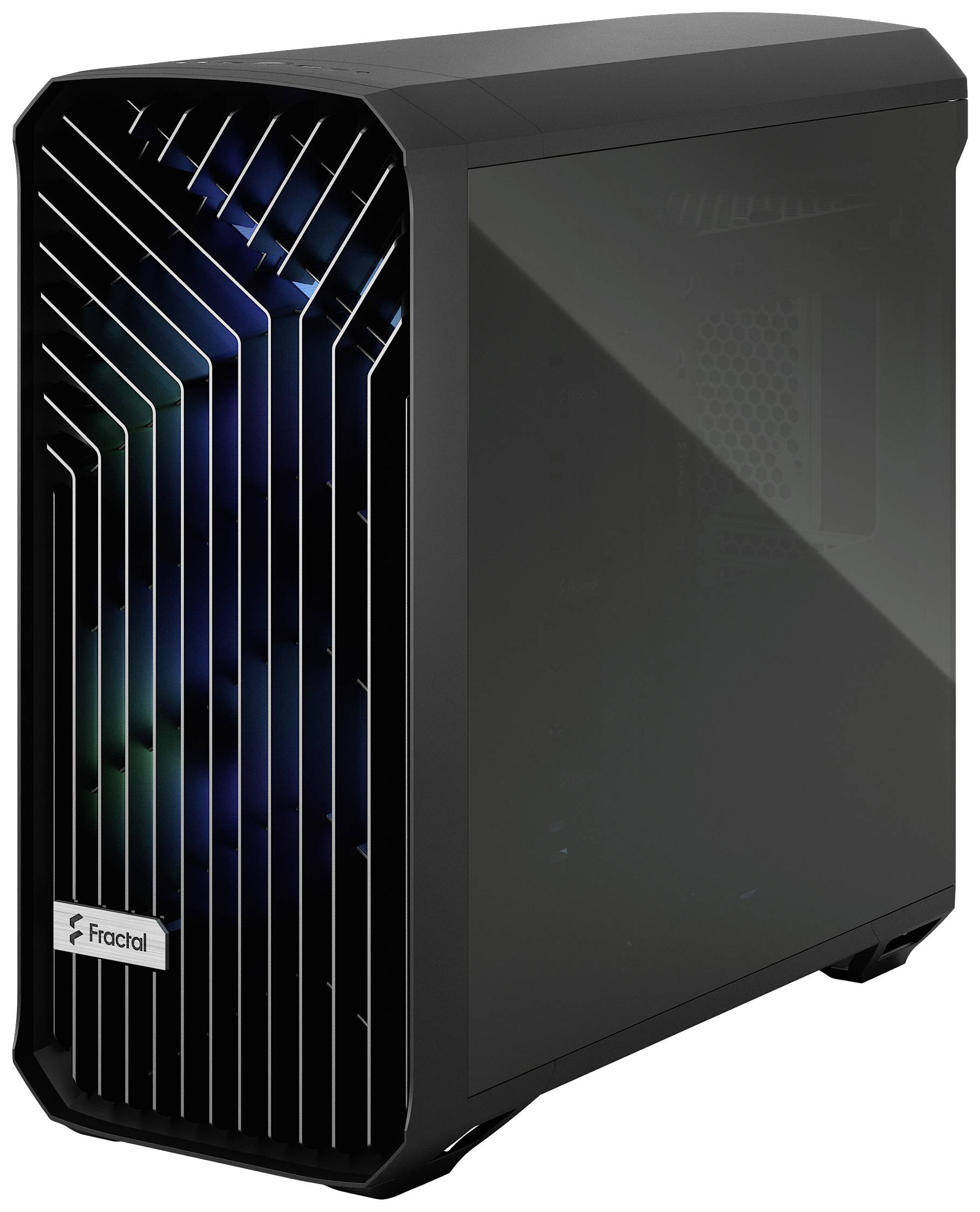 Schwarzes Computergehäuse mit transparentem Seitenfenster und beleuchteter, geometrisch gestalteter Front.