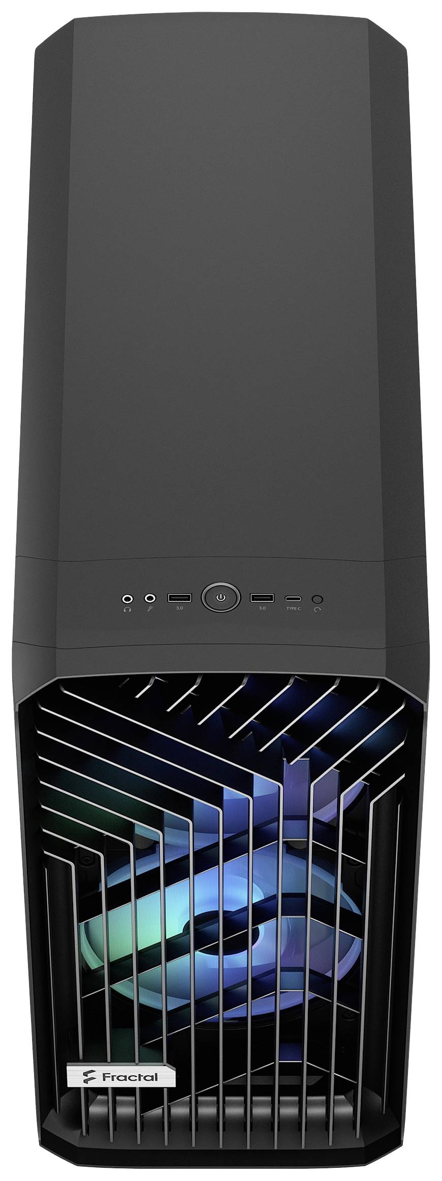 Schwarz-graues PC-Gehäuse mit beleuchtetem Lüfter vorne. Oben befinden sich Anschlüsse und ein Power-Knopf.