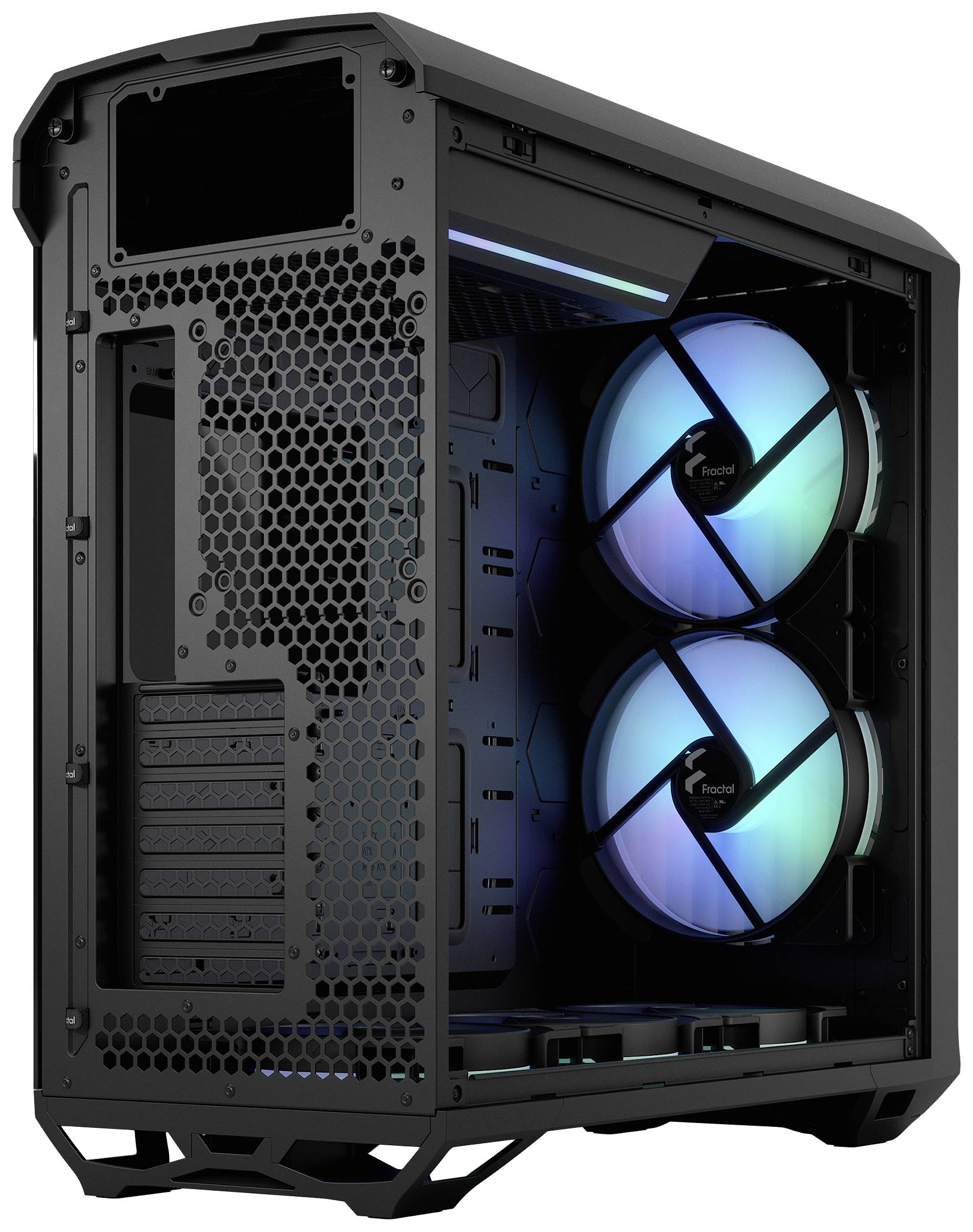 Ein offenes Computergehäuse mit zwei großen, blau beleuchteten Lüftern, die vertikal angeordnet sind.