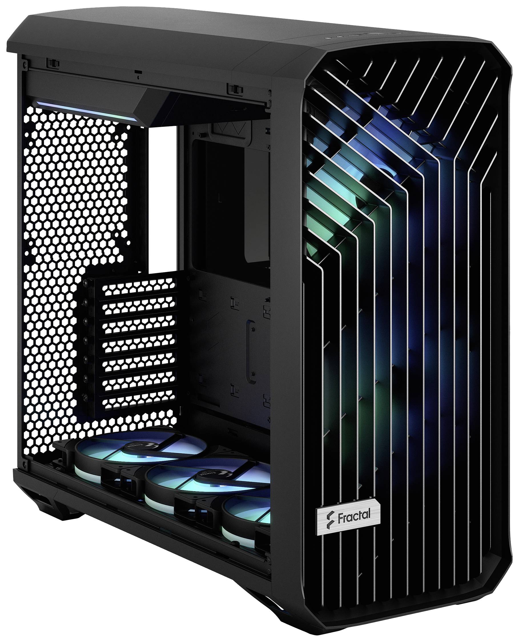 Schwarzes Computergehäuse mit modernem Design; zeigt Beleuchtung und offene Seiten für einfache Komponenteninstallation.