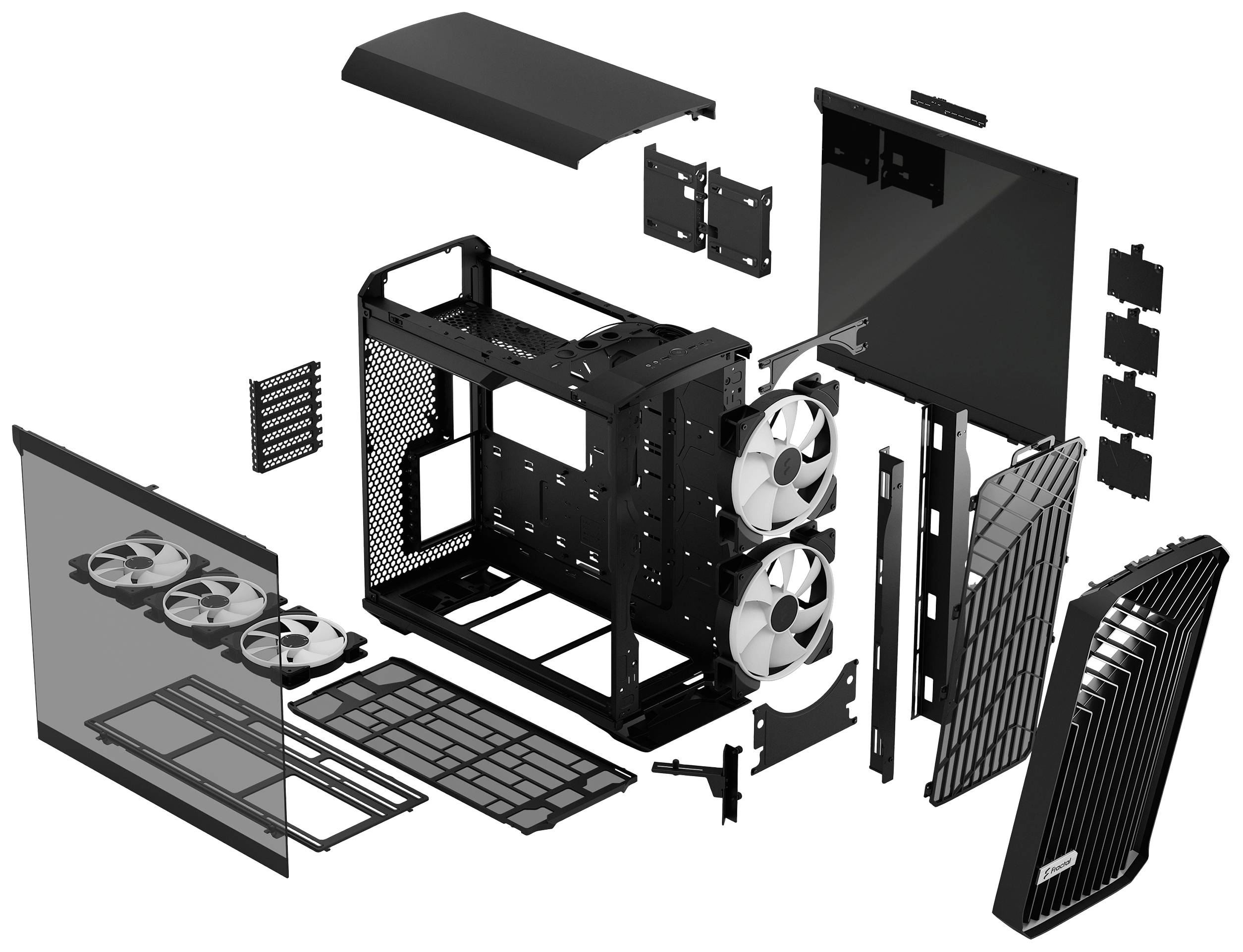 Explodierte Ansicht eines Computergehäuses mit abnehmbaren Teilen, darunter Seitenwände, Lüfter und Filter, zeigt den Aufbau und Komponenten.