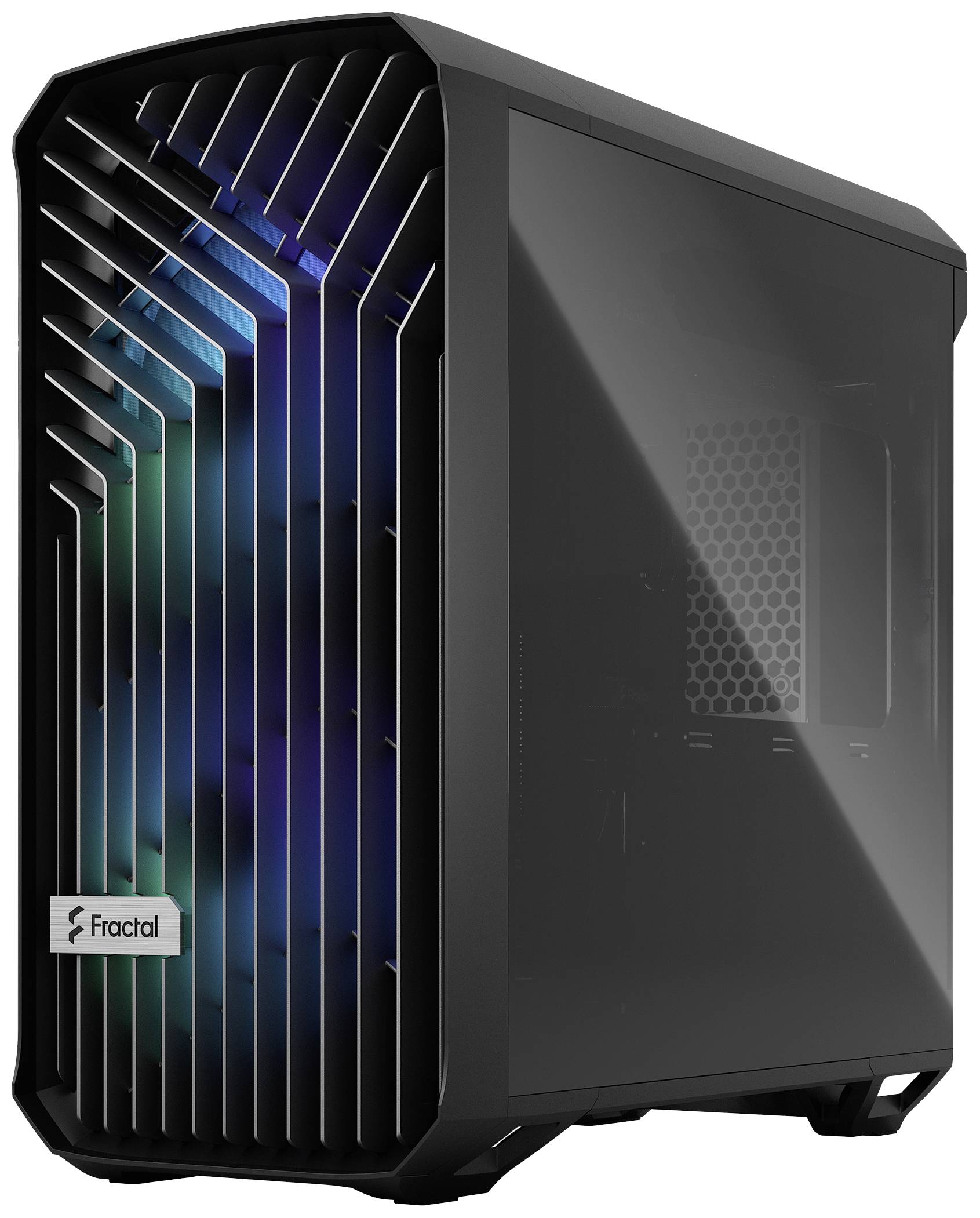 Schwarzes Computergehäuse mit transparentem Seitenteil, zeigt bunte LEDs im Inneren, markiert mit 'Fractal'.