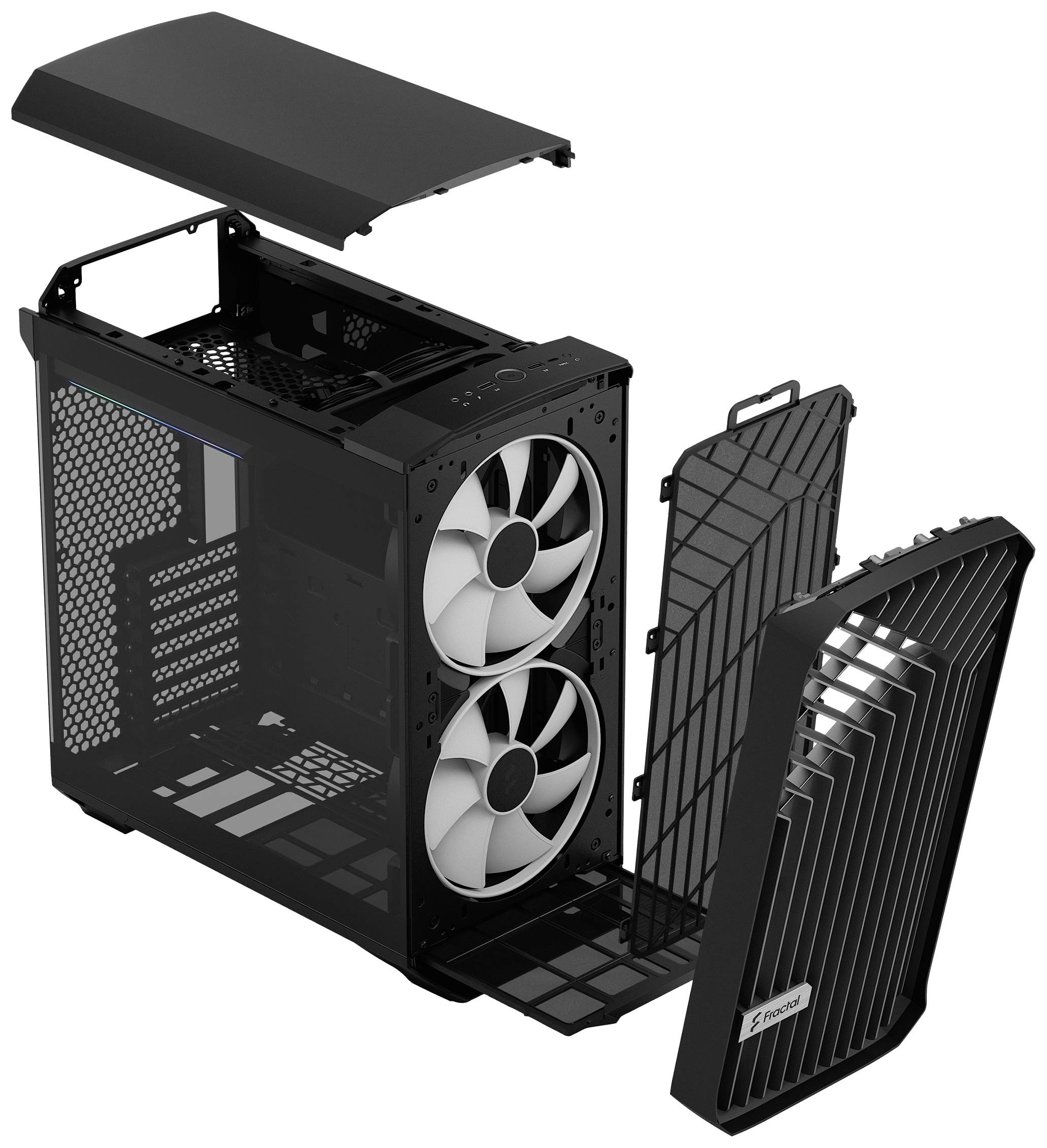 Geöffneter Computergehäuse mit zwei großen Lüftern und abgenommenen Panels. Zeigt die Innenstruktur und Belüftungsmöglichkeiten.