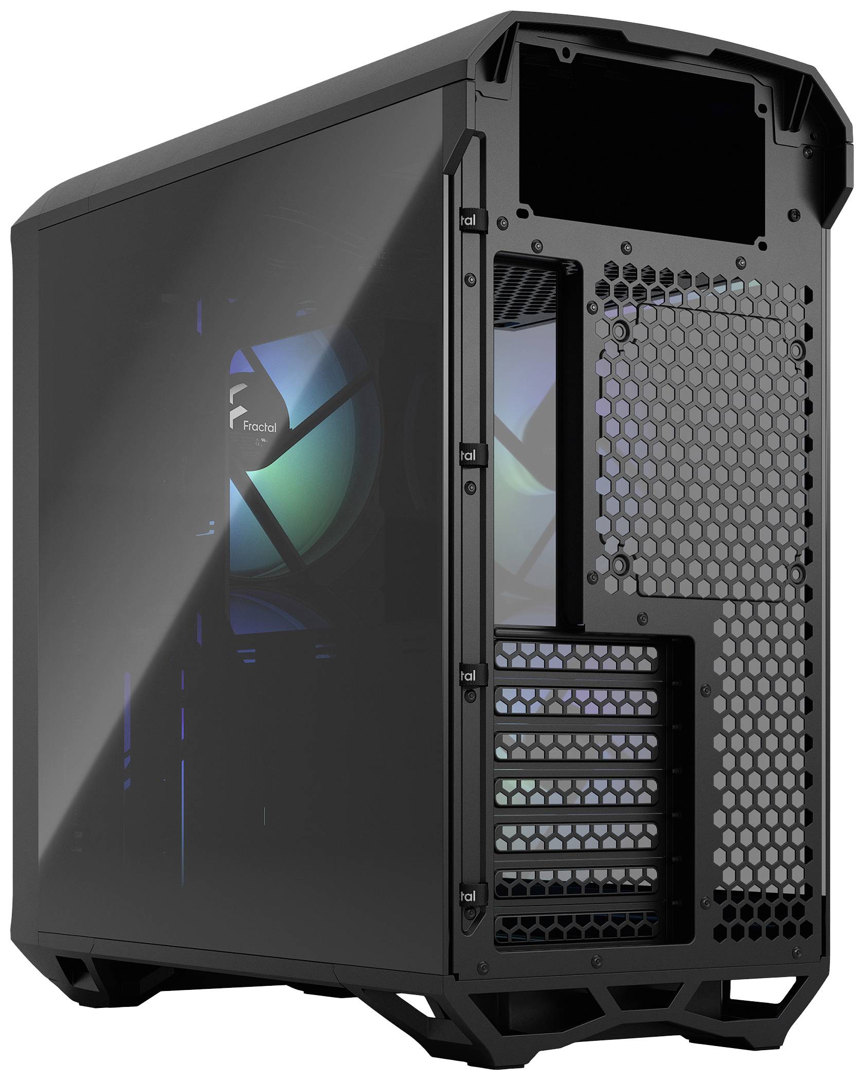 Schwarzes Computergehäuse mit Sichtfenster und blauer LED-Beleuchtung; bietet Platz für mehrere Erweiterungskarten und Lüftungsschlitze.