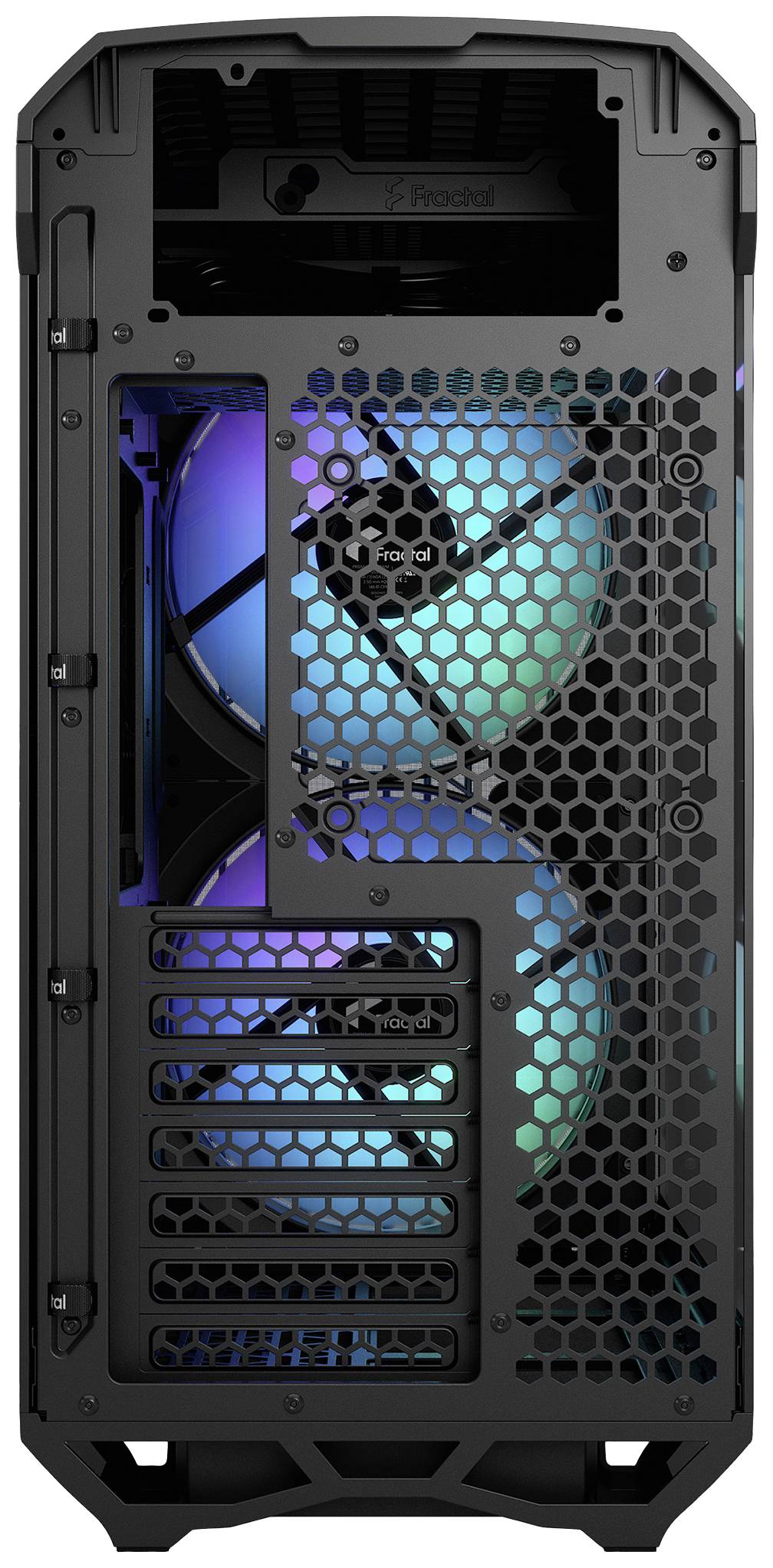 Rückseite eines Computergehäuses mit Lüftern und RGB-Beleuchtung, geöffnetes Gitterdesign zur besseren Belüftung.