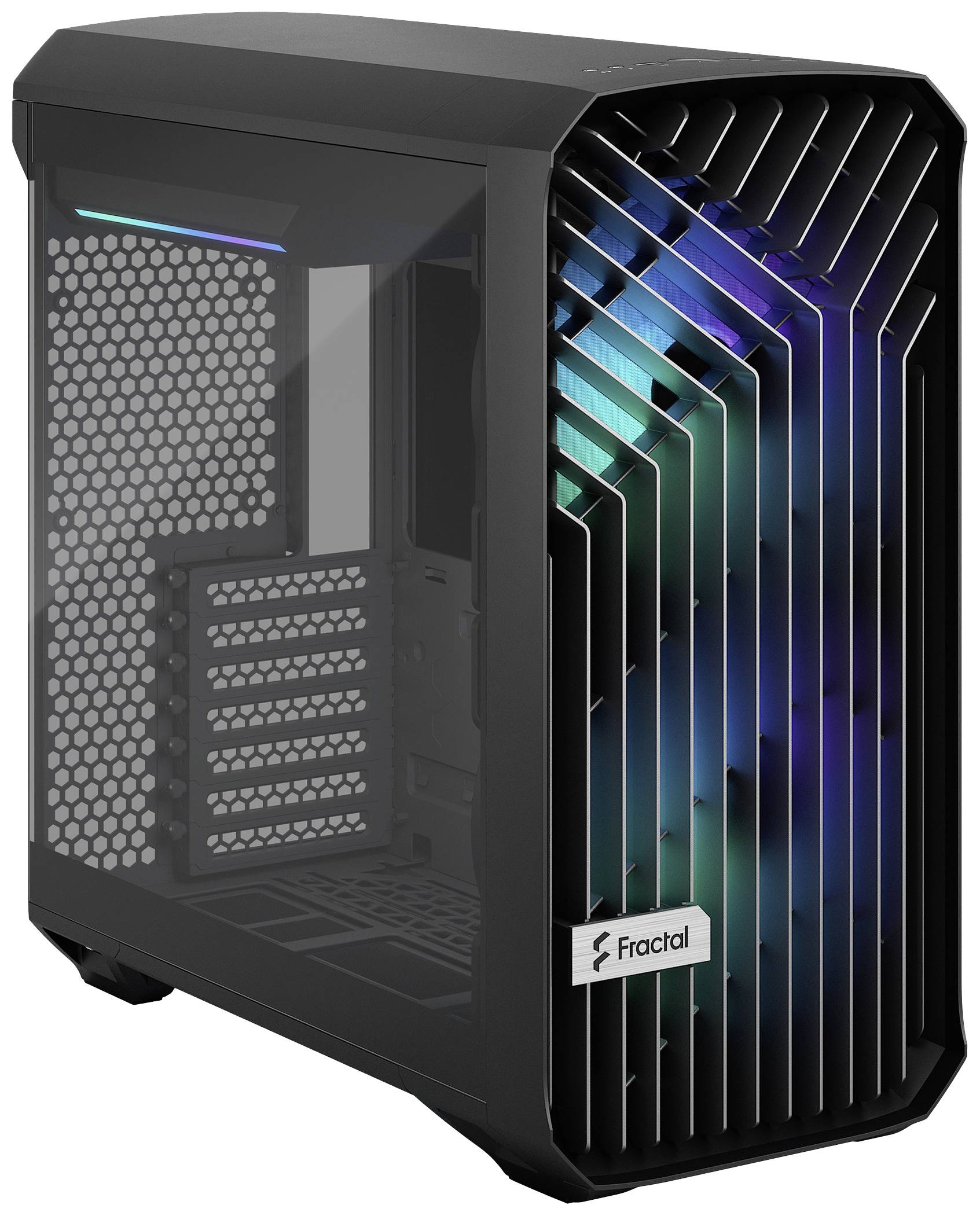 Schwarzes PC-Gehäuse mit seitlichem Sichtfenster und modernem Frontdesign, das bunte RGB-Lichter zeigt. Marke 'Fractal'.