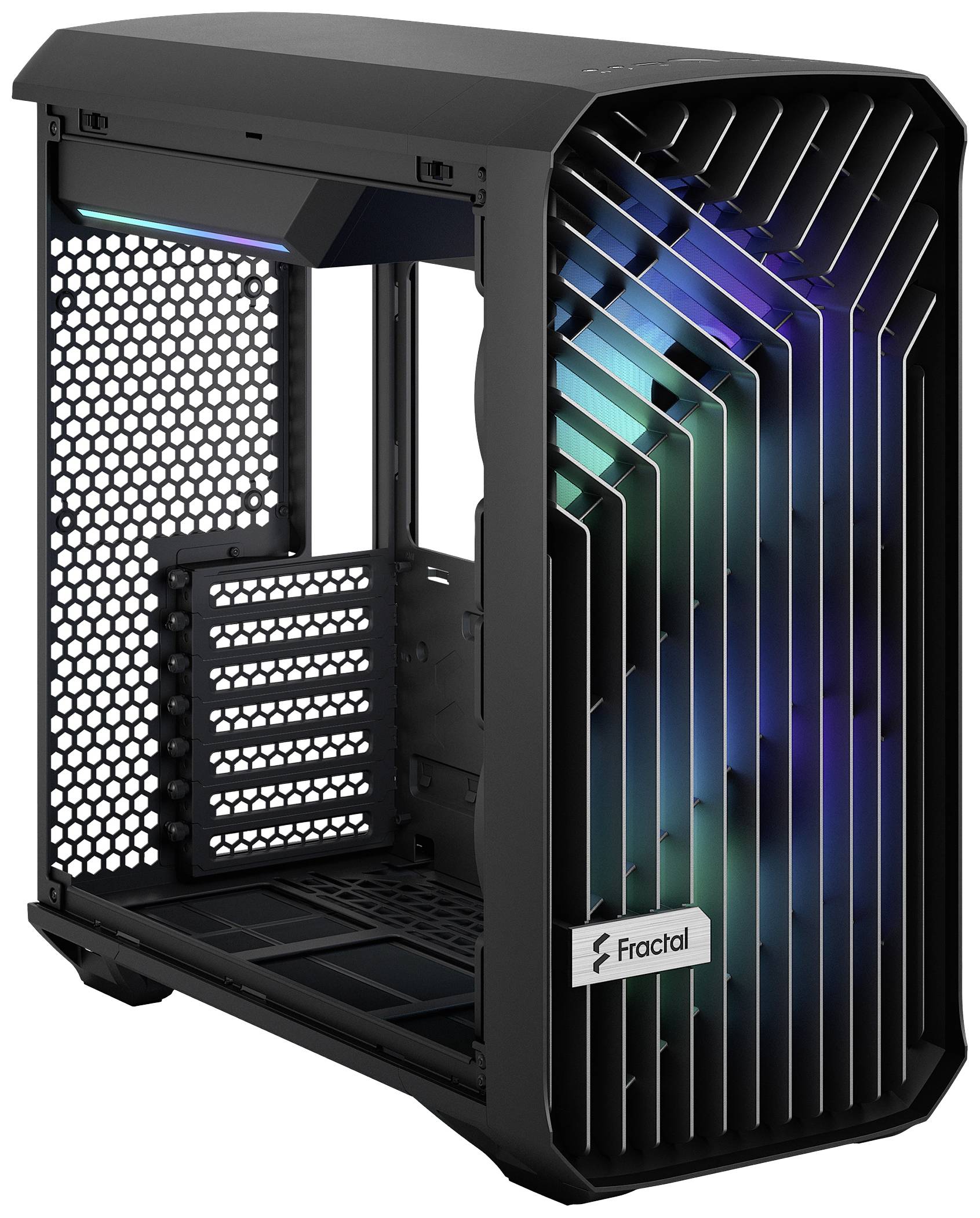Schwarzes Gehäuse eines PCs von Fractal mit einem offenen Seitenpanel, das die internen Strukturen zeigt. LED-Leuchteffekte sind sichtbar.