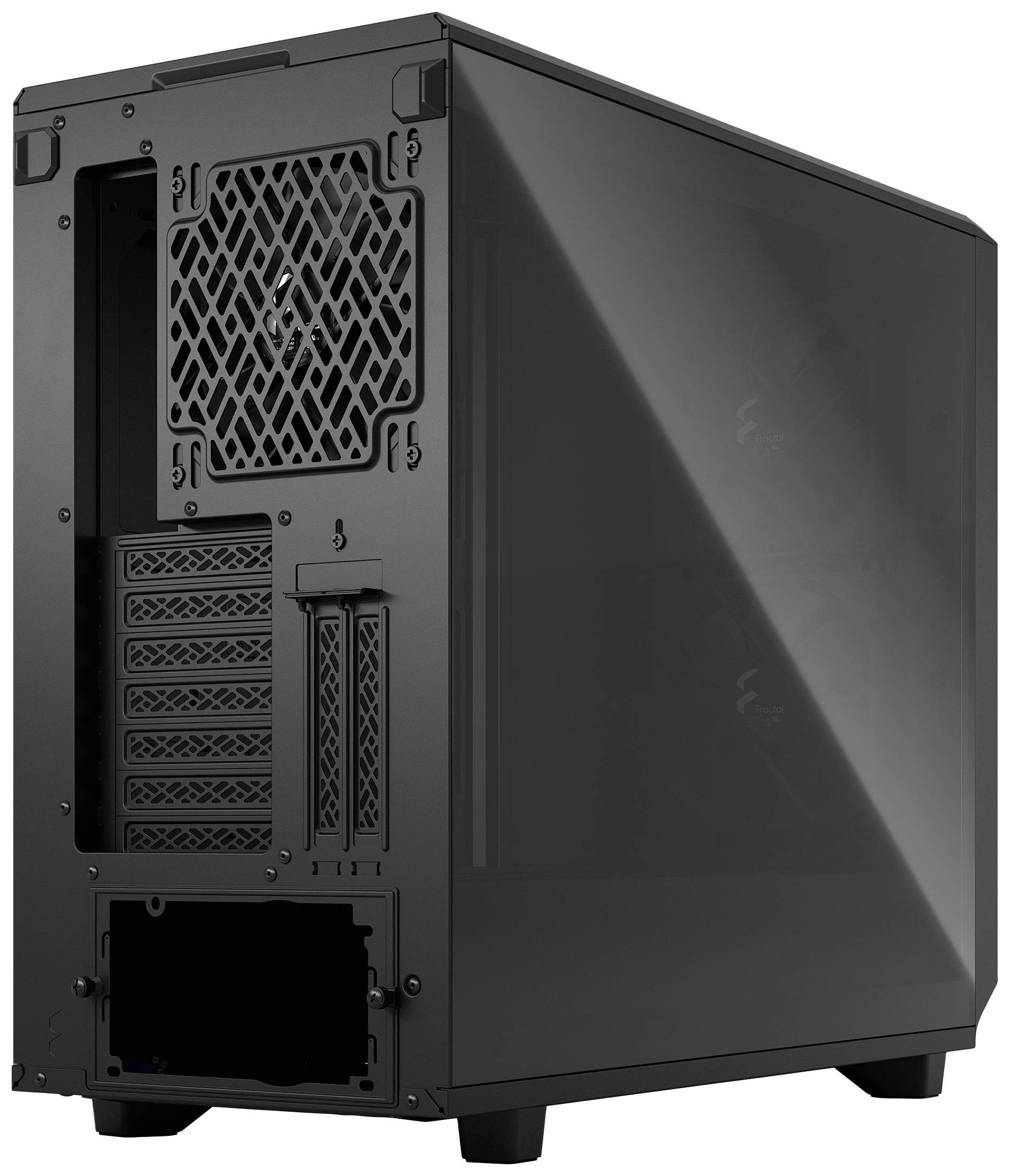 Ein schwarzes Computergehäuse mit Gitterbelüftung auf der Rückseite. Es verfügt über mehrere Erweiterungsschächte und Anschlüsse.