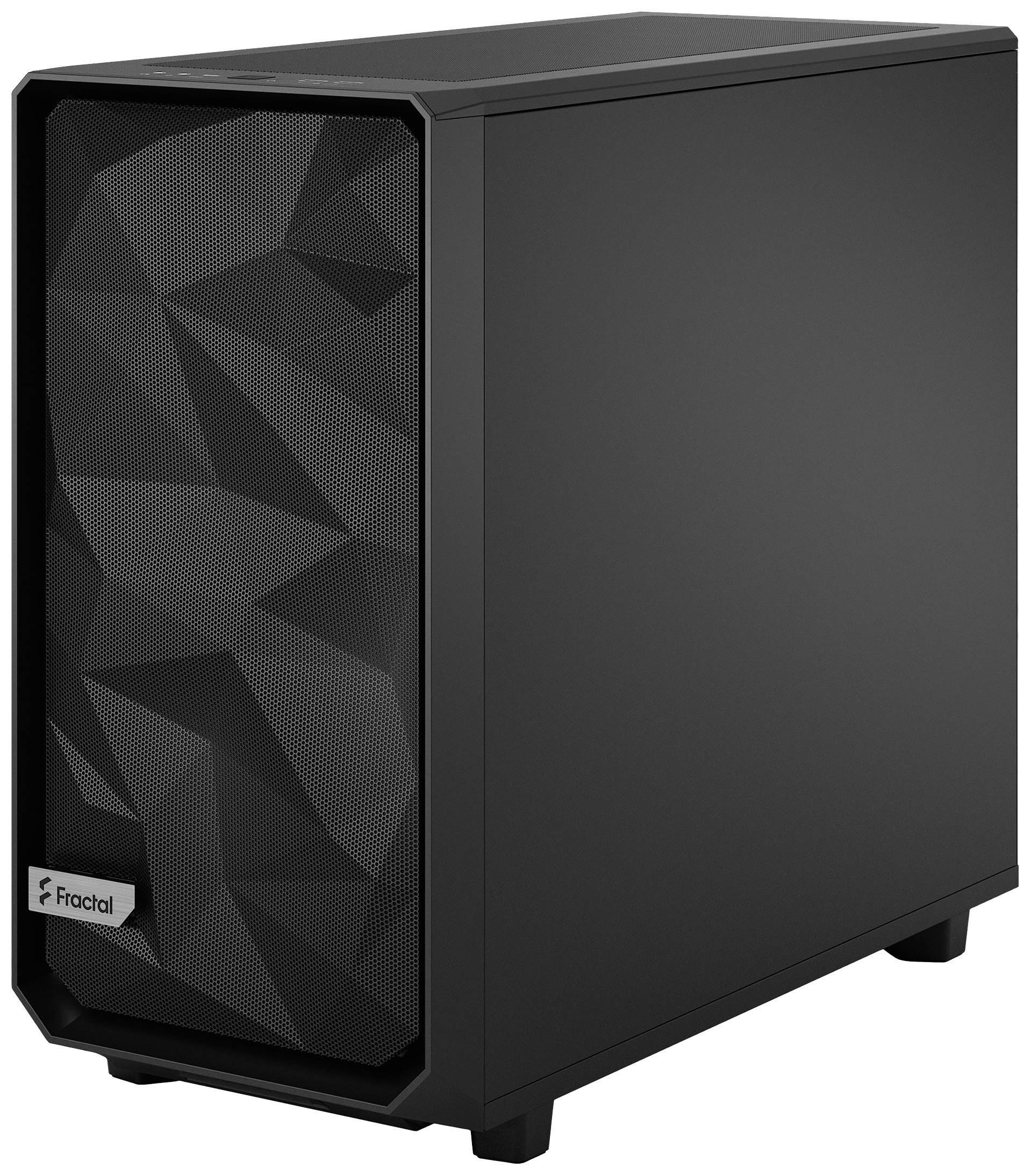 Schwarzes Computergehäuse mit polygonaler Frontblende und Fractal-Logo unten links, geeignet für den Bau eines Gaming-PCs.