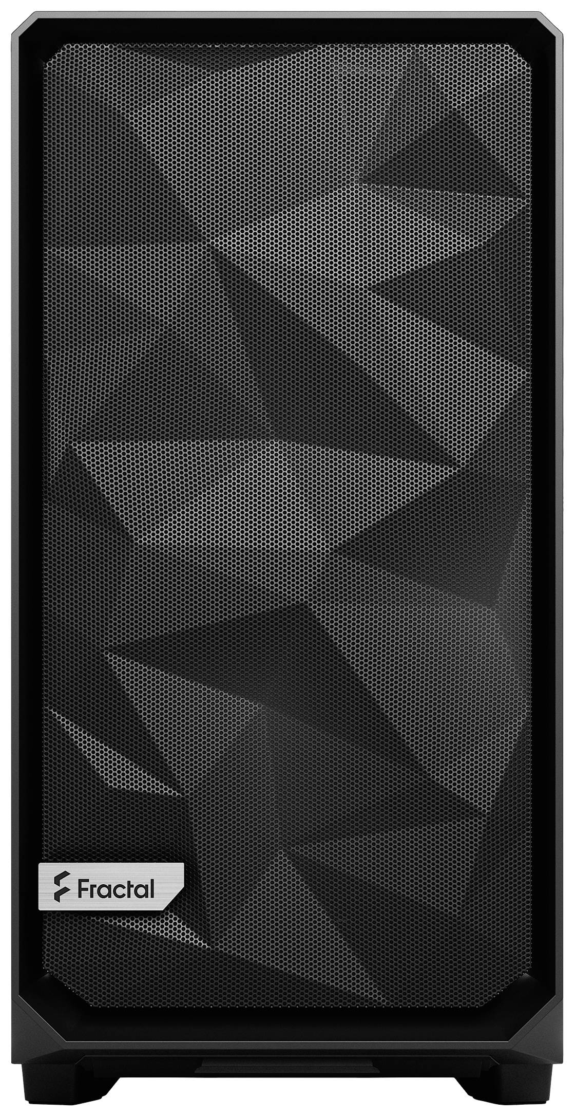Ein schwarzes Computergehäuse von Fractal mit einem geometrischen Muster auf der Frontabdeckung.