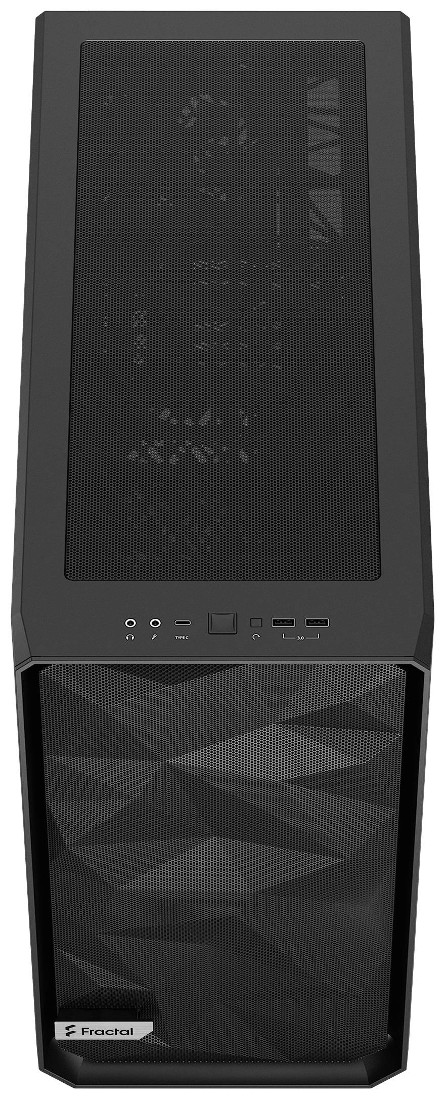 'Fractal' Computerturmgehäuse in Schwarz mit geometrischem Muster auf der Vorderseite, mehreren Anschlussmöglichkeiten oben.