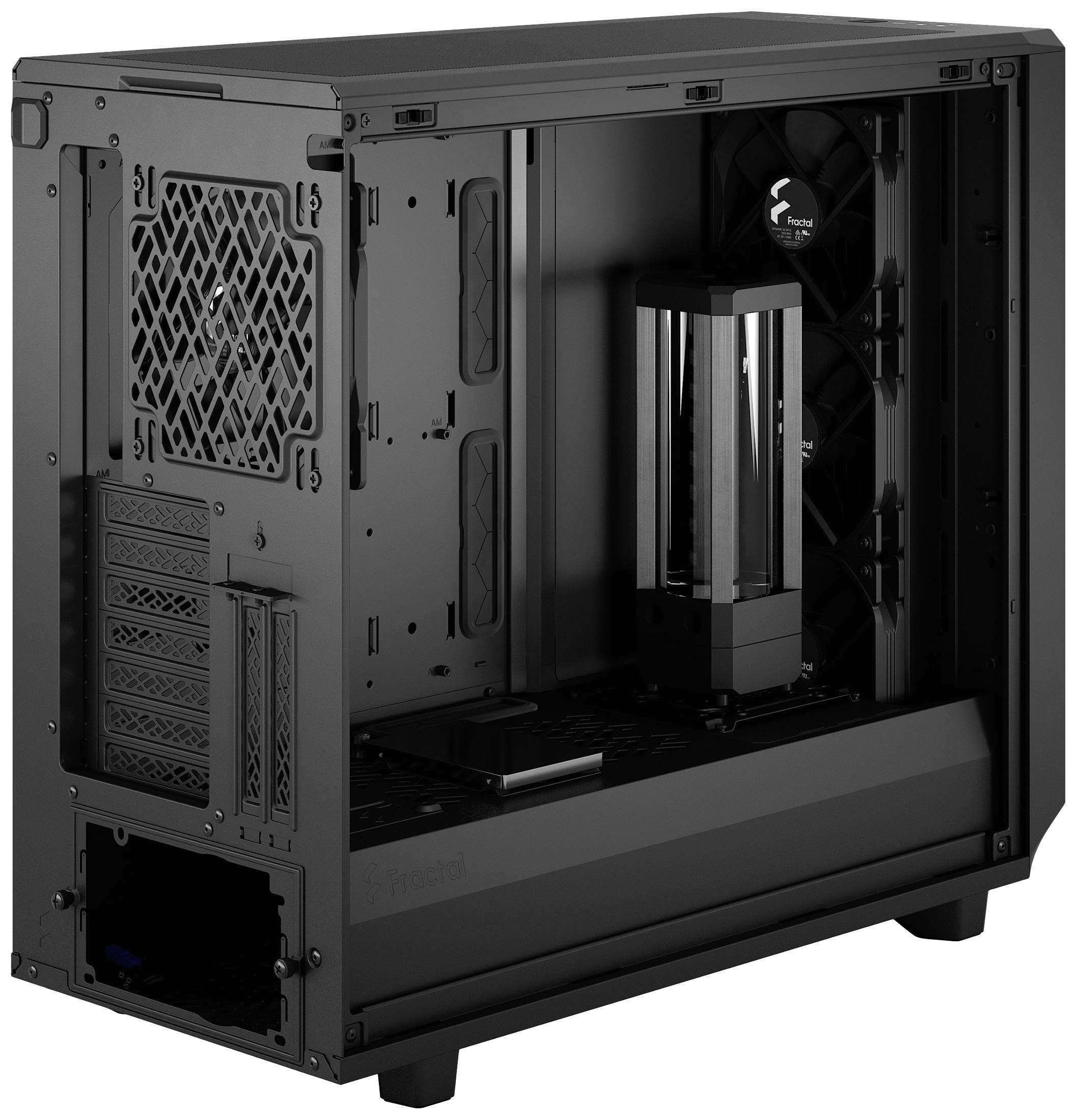 Ein schwarzes, offenes Computergehäuse mit sichtbaren Lüftern und einem vertikalen, rechteckigen Gehäuse für Wasserkühlungskomponenten.