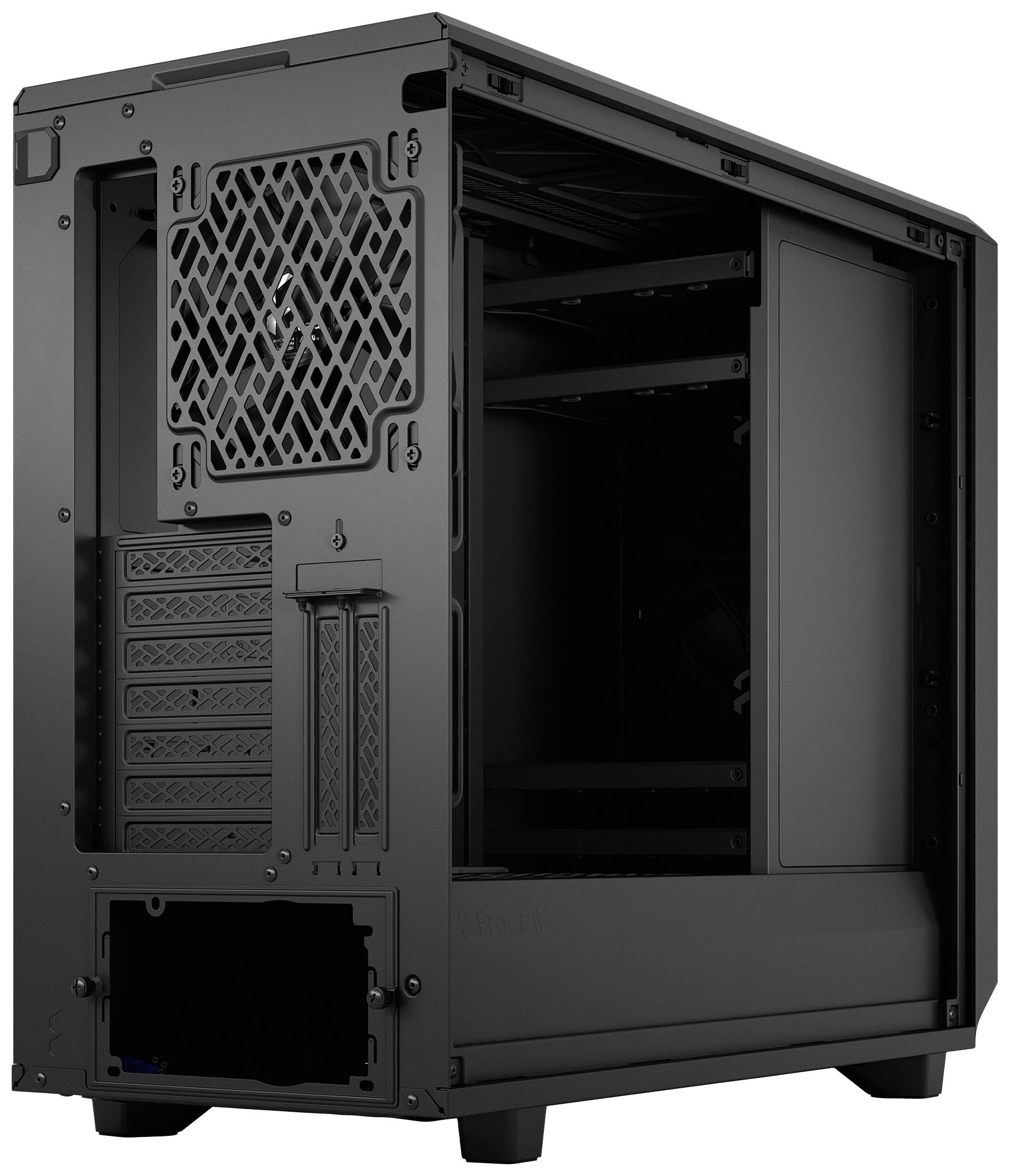 Computergehäuse ohne Elektronikkomponenten, links offen. Schwarz, mit Belüftungsgitter und mehreren Einschüben für Hardware.