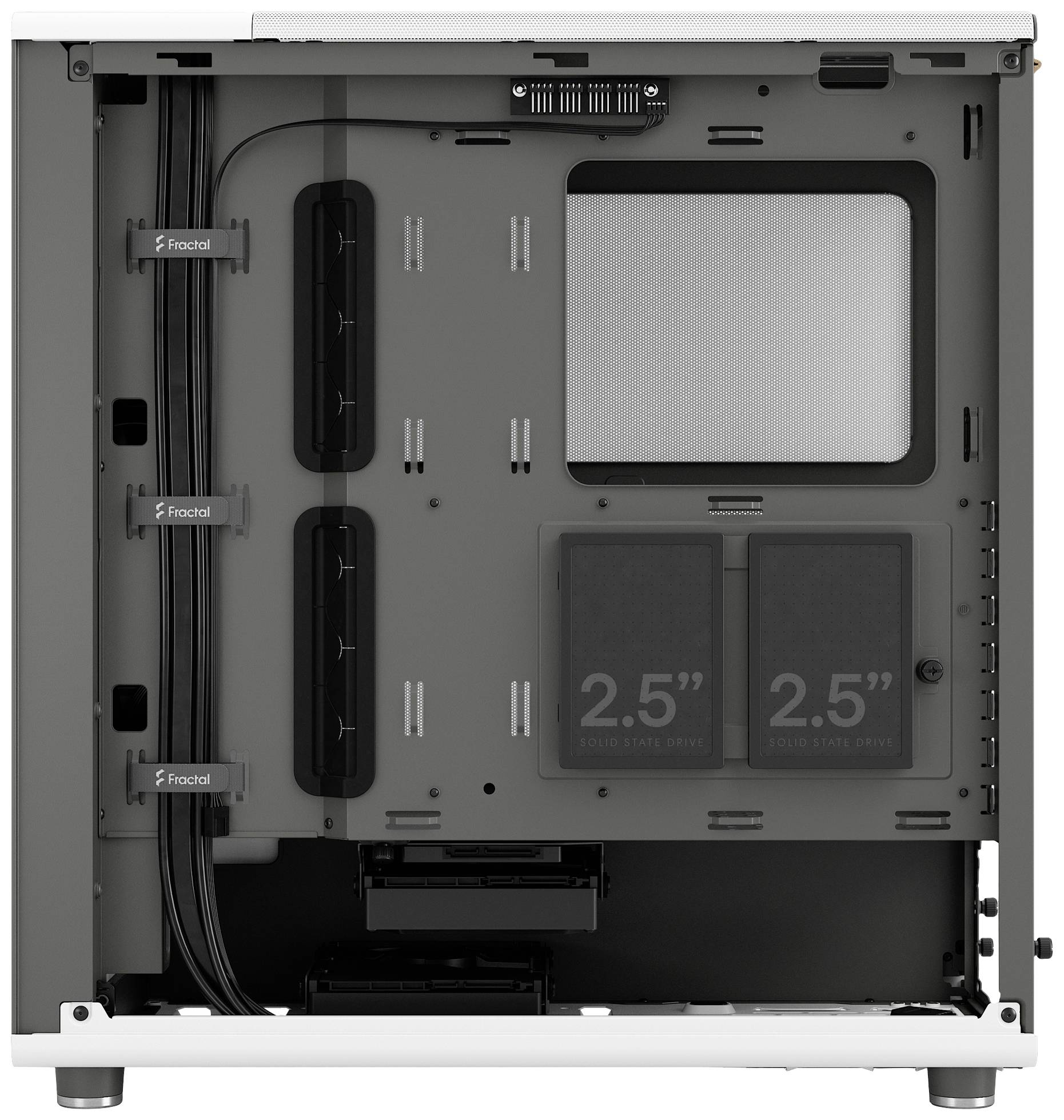 Computergehäuse-Innenansicht mit Montageschienen für Kabelmanagement, Steckplätze für 2,5-Zoll-Laufwerke und Staubschutzgitter oben.