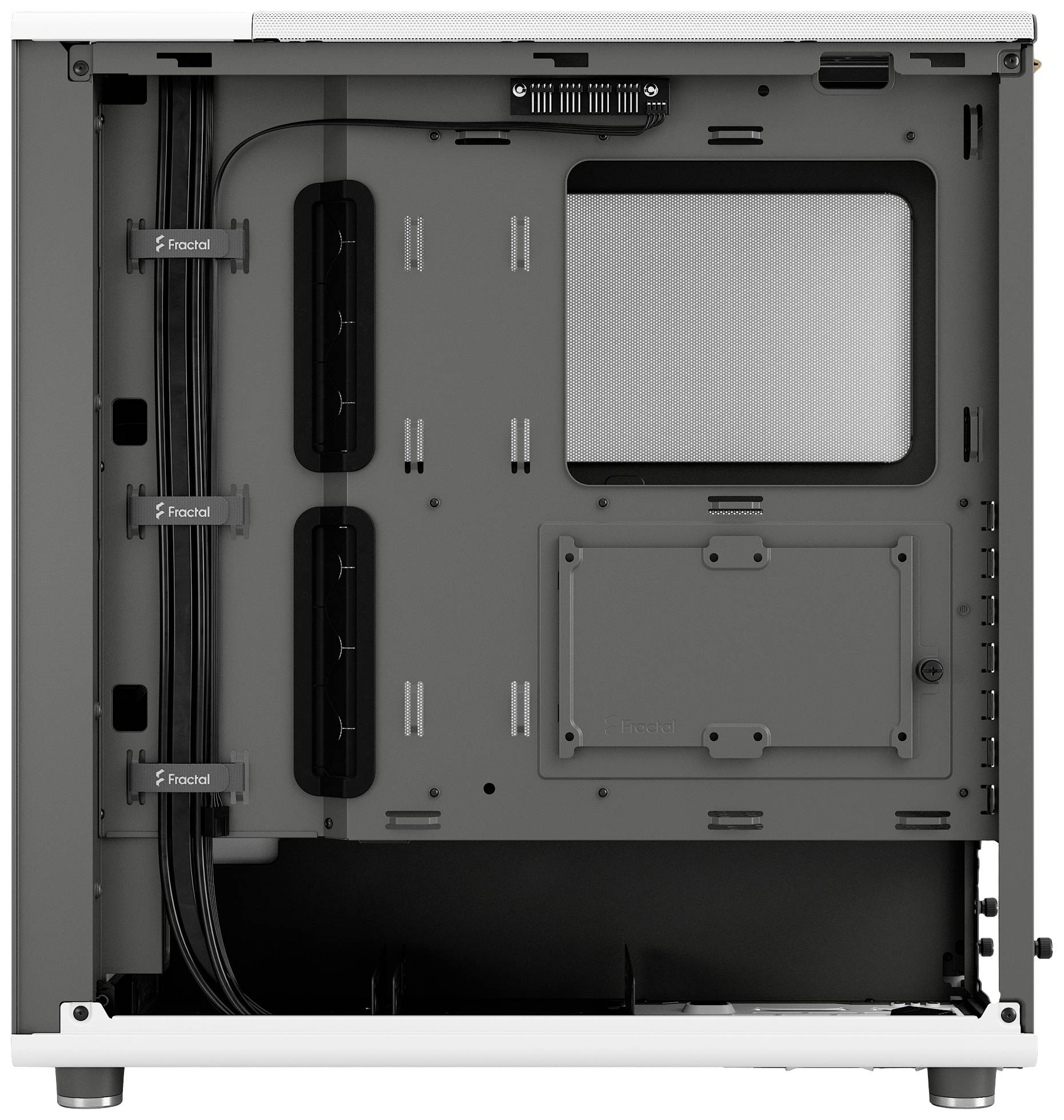 Gehäuseinnenseite eines Computergehäuses, Kabelmanagement-Schlitze und Befestigungspunkte sichtbar, ohne installierte Komponenten.