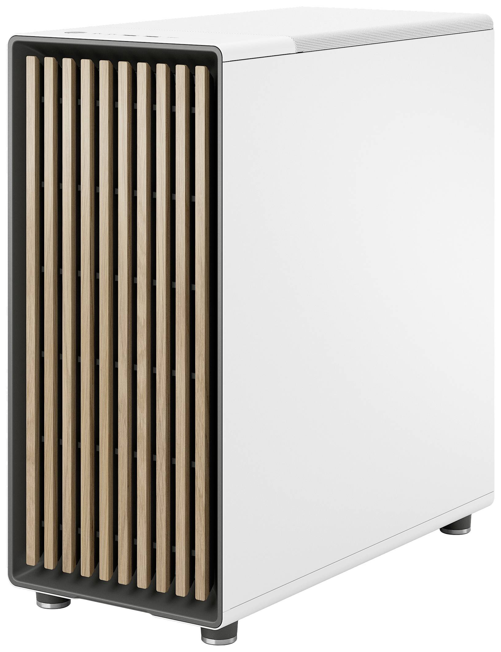 Ein moderner Computergehäuse mit einem weißen Gehäuse und einer Vorderseite aus Holzlamellen.