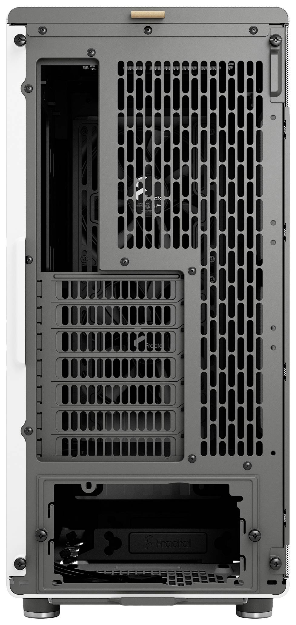 Gehäuse-Rückseite eines Desktop-Computers mit Belüftungsgittern, offenen Erweiterungsslots und einem Netzteilbereich unten.