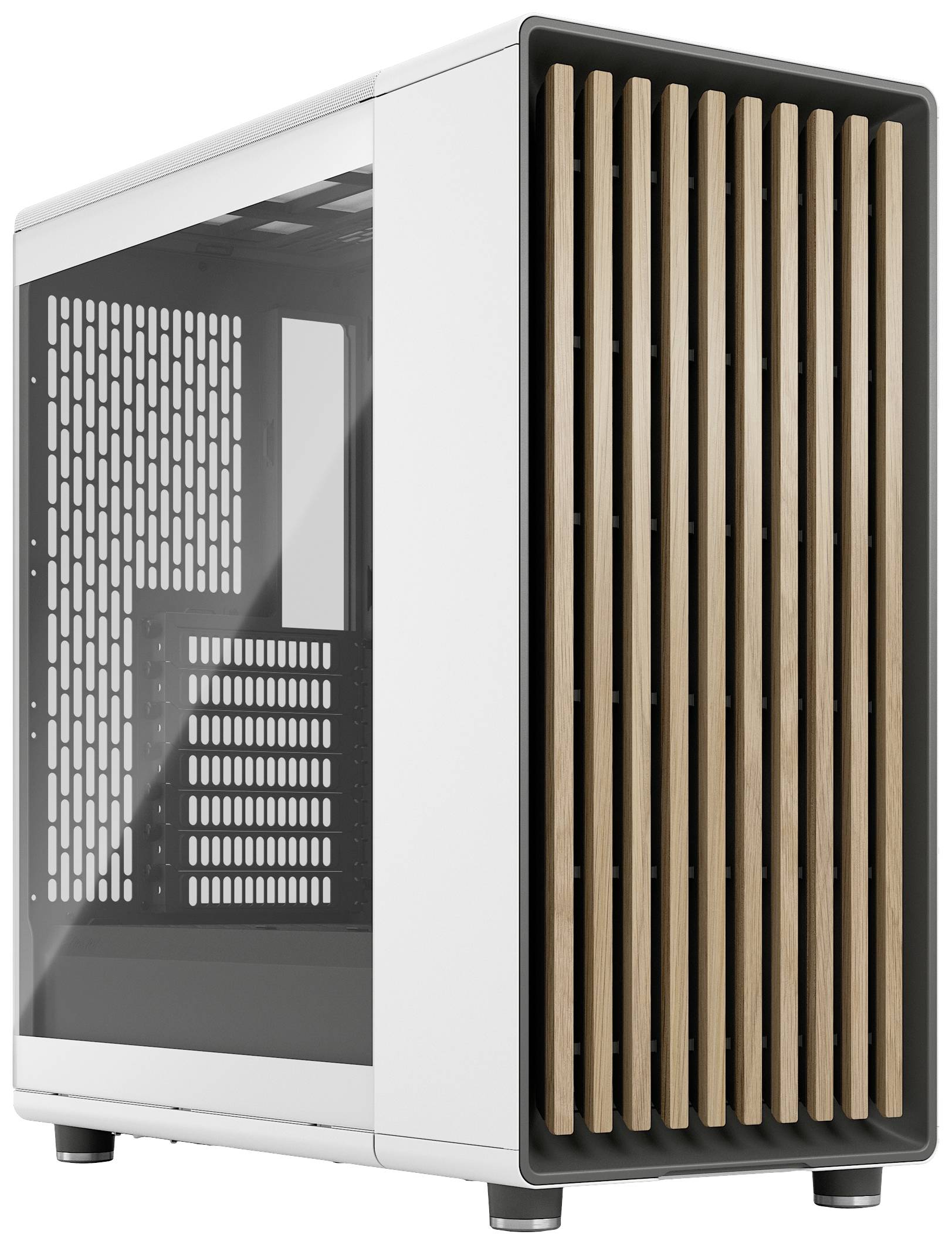 Ein weißes Computergehäuse mit transparentem Seitenteil und Holzlamellen vorne, stehend auf einer Fläche. Es wirkt modern und minimalistisch.