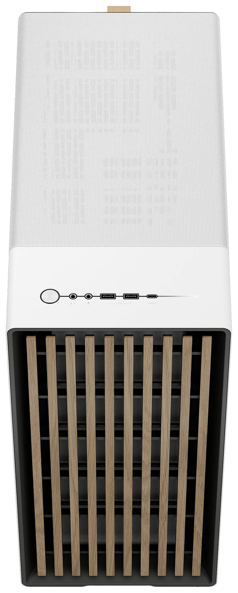 Ein rechteckiger, turmförmiger Luftreiniger in Weiß mit Holzakzenten und Tasten auf der Vorderseite.