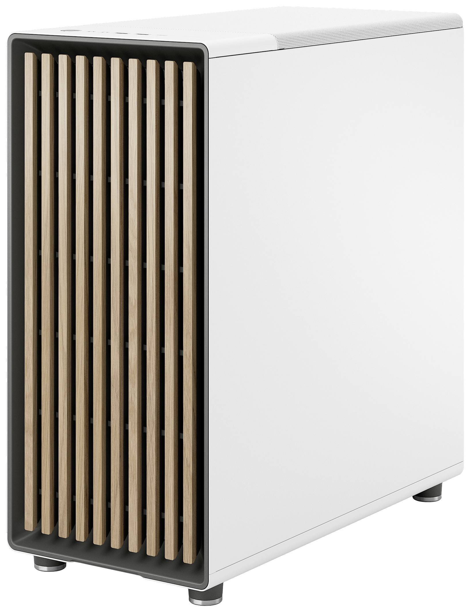 Moderner Luftreiniger mit weißem Gehäuse und Holzlamellen an der Vorderseite. Schlichtes, minimalistisches Design für Innenräume.