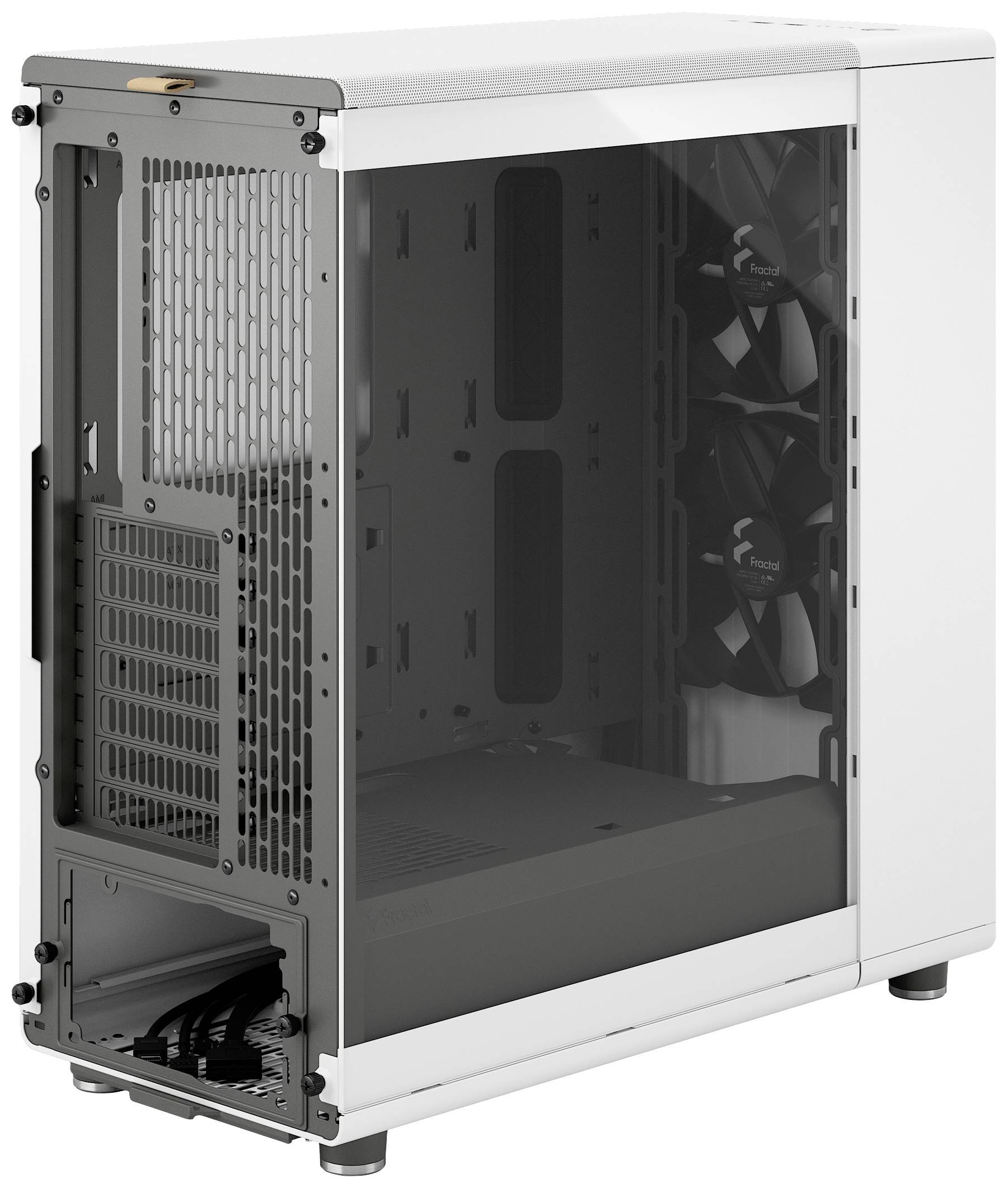 Ein weißes Computergehäuse mit Glasfenster zeigt zwei eingebaute Lüfter auf der Rückseite. Das Gehäuse ist geöffnet und leer.