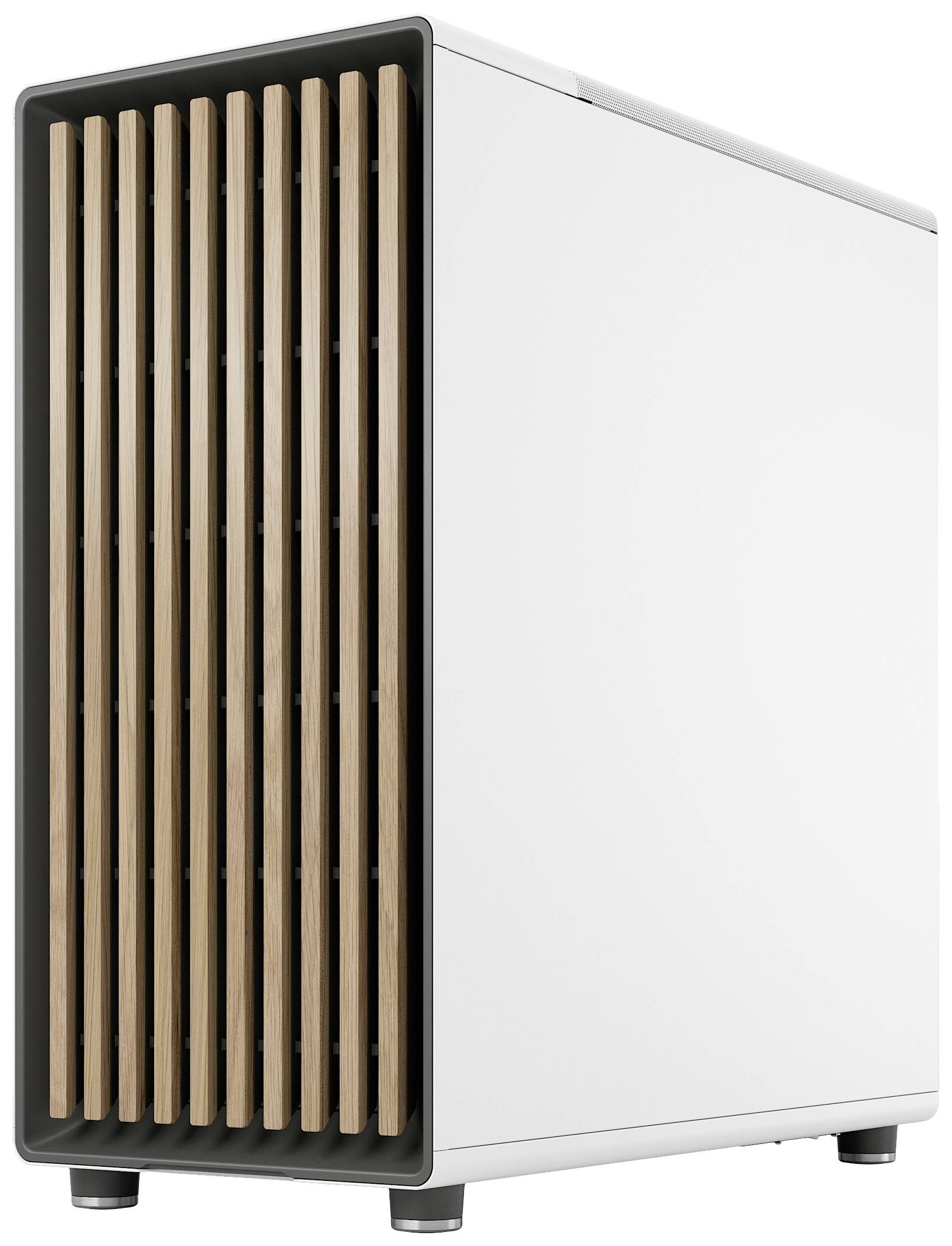 Ein weißes, rechteckiges Gehäuse mit Holzlamellen an der Front, auf einer glatten Oberfläche stehend. Modernes Design, Gebrauch unklar.