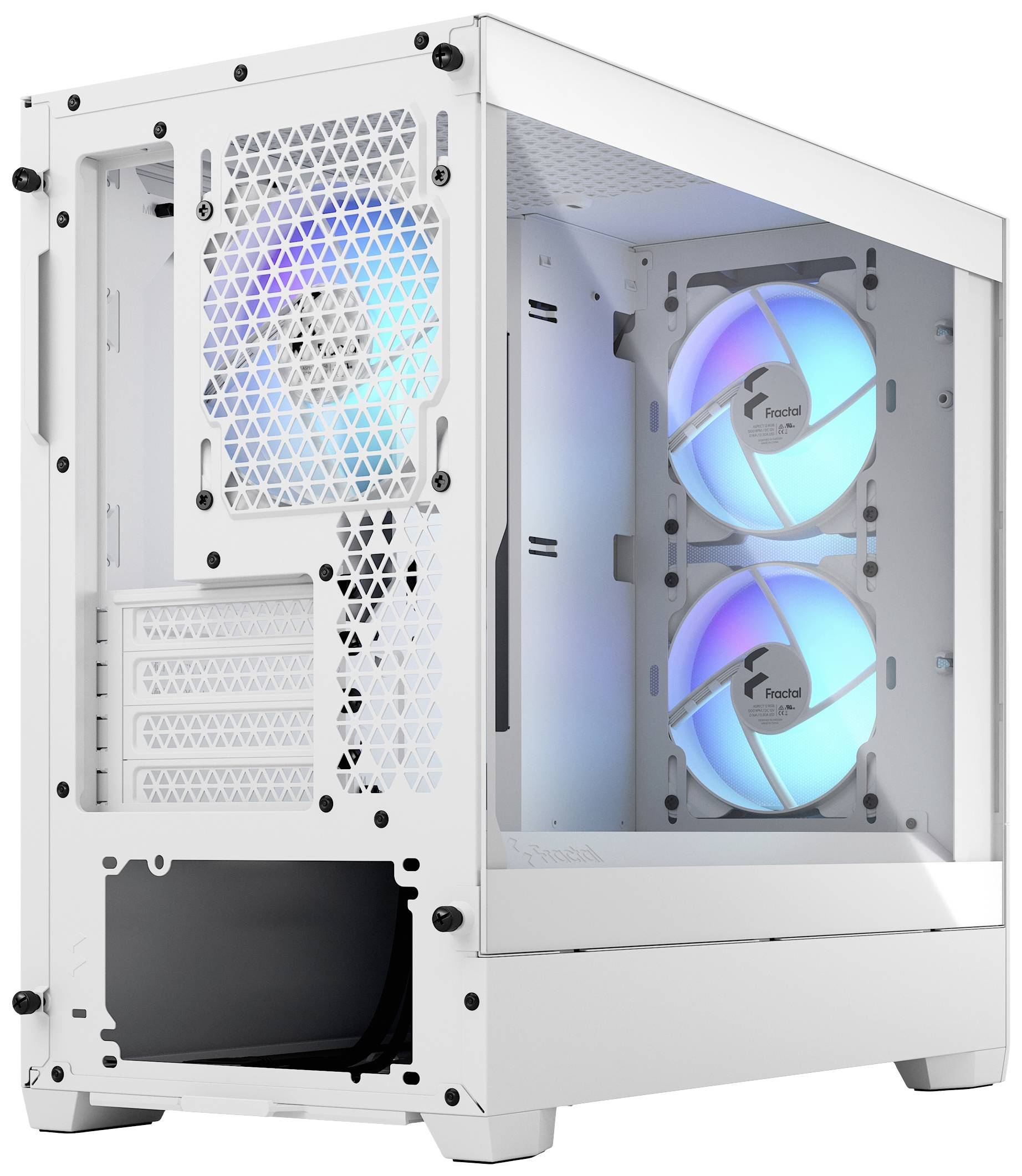 Weißes Computergehäuse mit seitlichem Sichtfenster. Zwei leuchtende Lüfter vorne, ein weiterer an der Rückseite. Modernes Design.