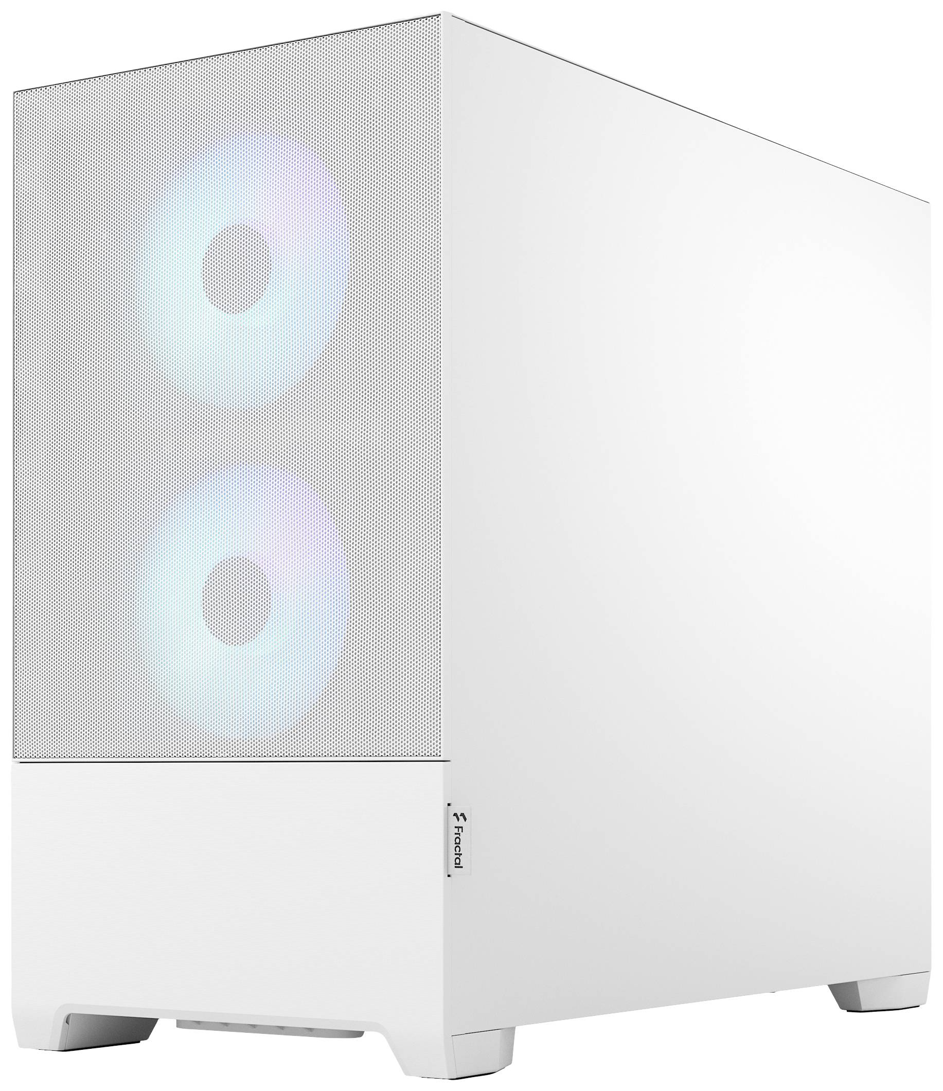 Ein weißes Computergehäuse mit zwei beleuchteten Lüftern auf der Vorderseite. Minimalistisches Design, kompakt und modern.