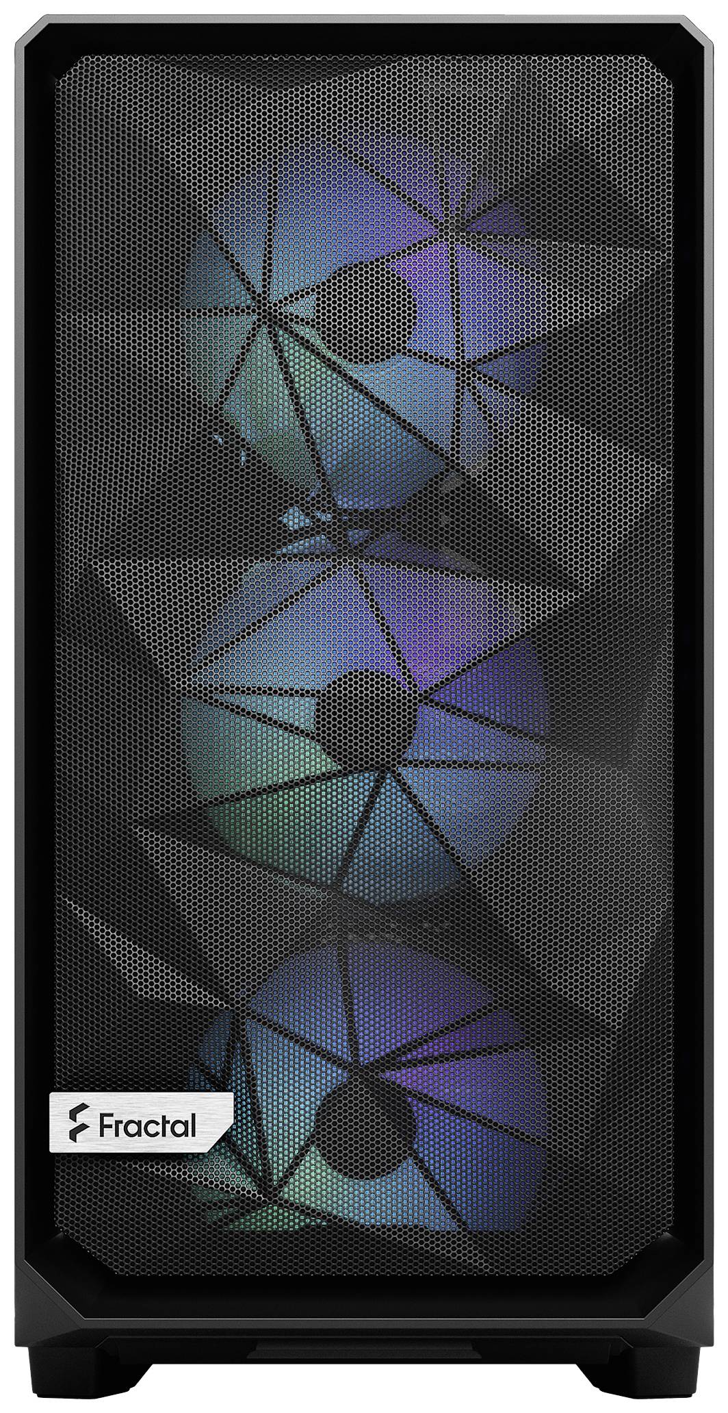 Computergehäuse mit dreifachem RGB-Frontlüfter hinter einem Mesh-Gitter.