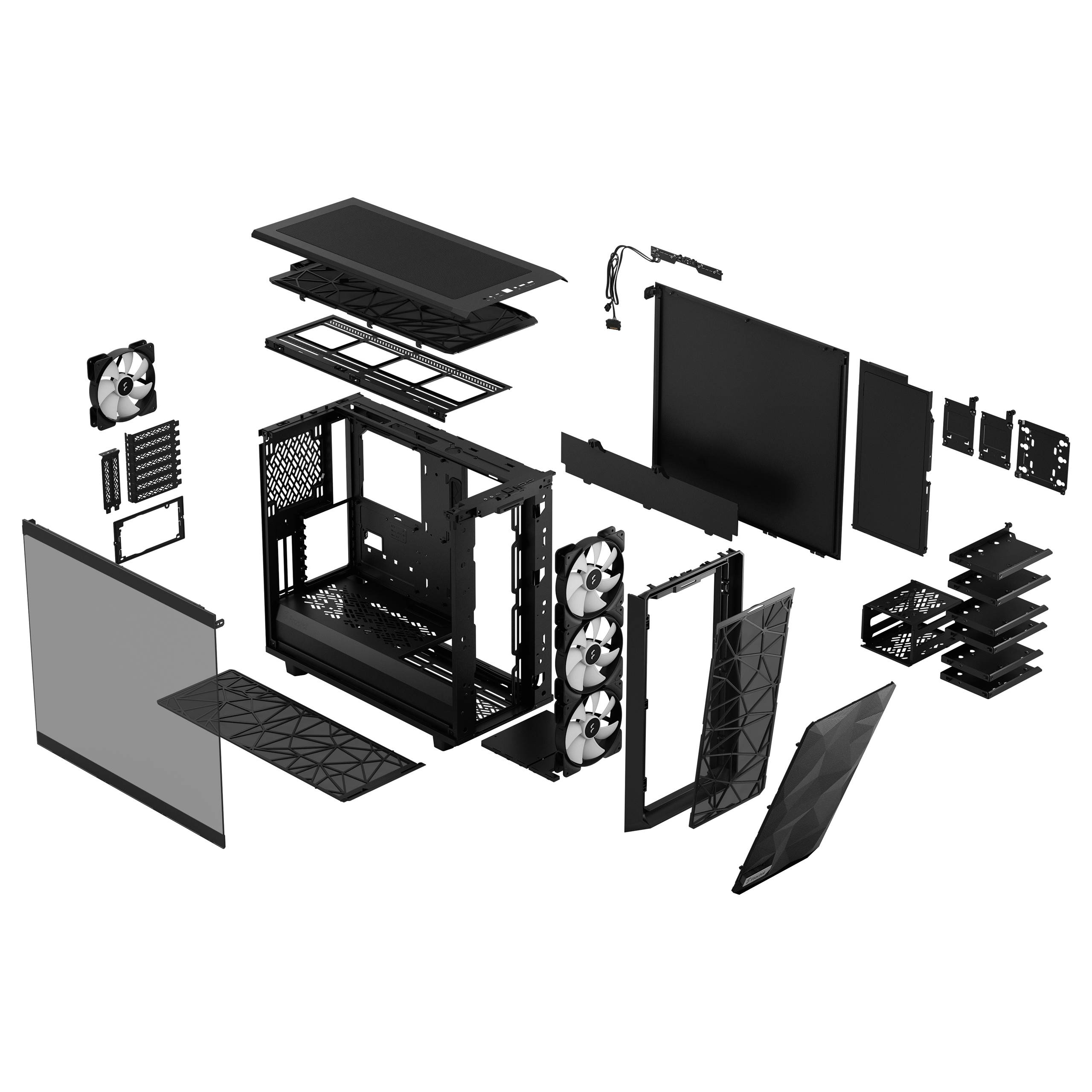 Explosionszeichnung eines Computergehäuses, das sämtliche Komponenten wie Lüfter, Seitenverkleidungen, und Staubfilter zeigt.