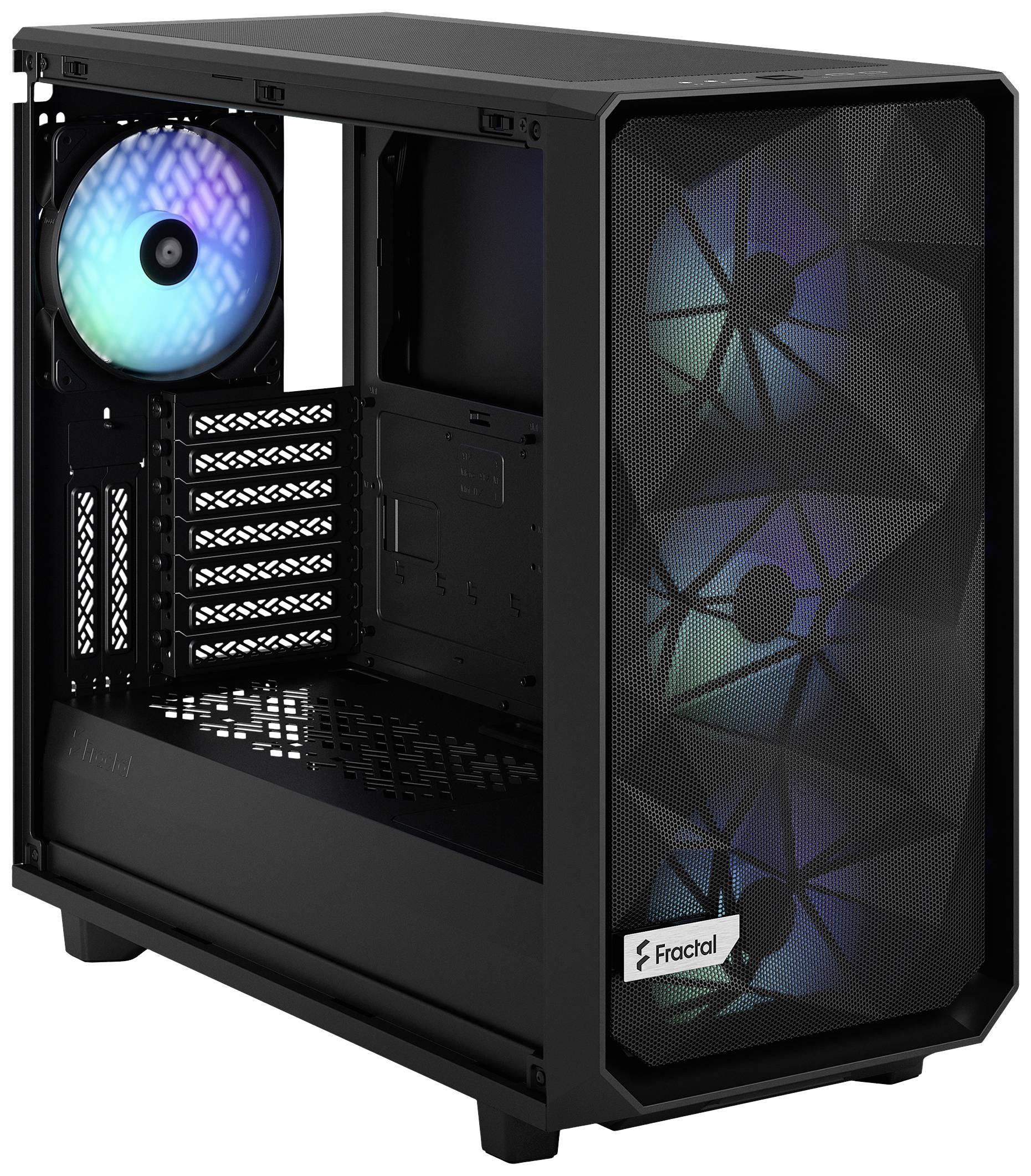Schwarzes PC-Gehäuse mit sichtbaren Lüftern. Zwei große Frontlüfter und ein kleinerer Lüfter hinten, alle mit RGB-Beleuchtung.