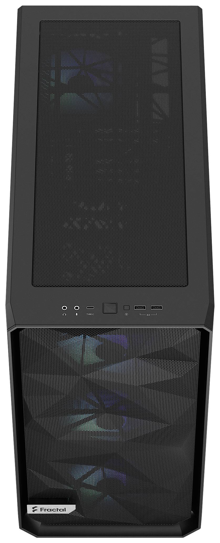 Schwarzes Computergehäuse mit transparentem Frontgitter, beleuchtet durch drei Lüfter mit bunten LEDs. Oben Bedienelemente und Markenlogo.