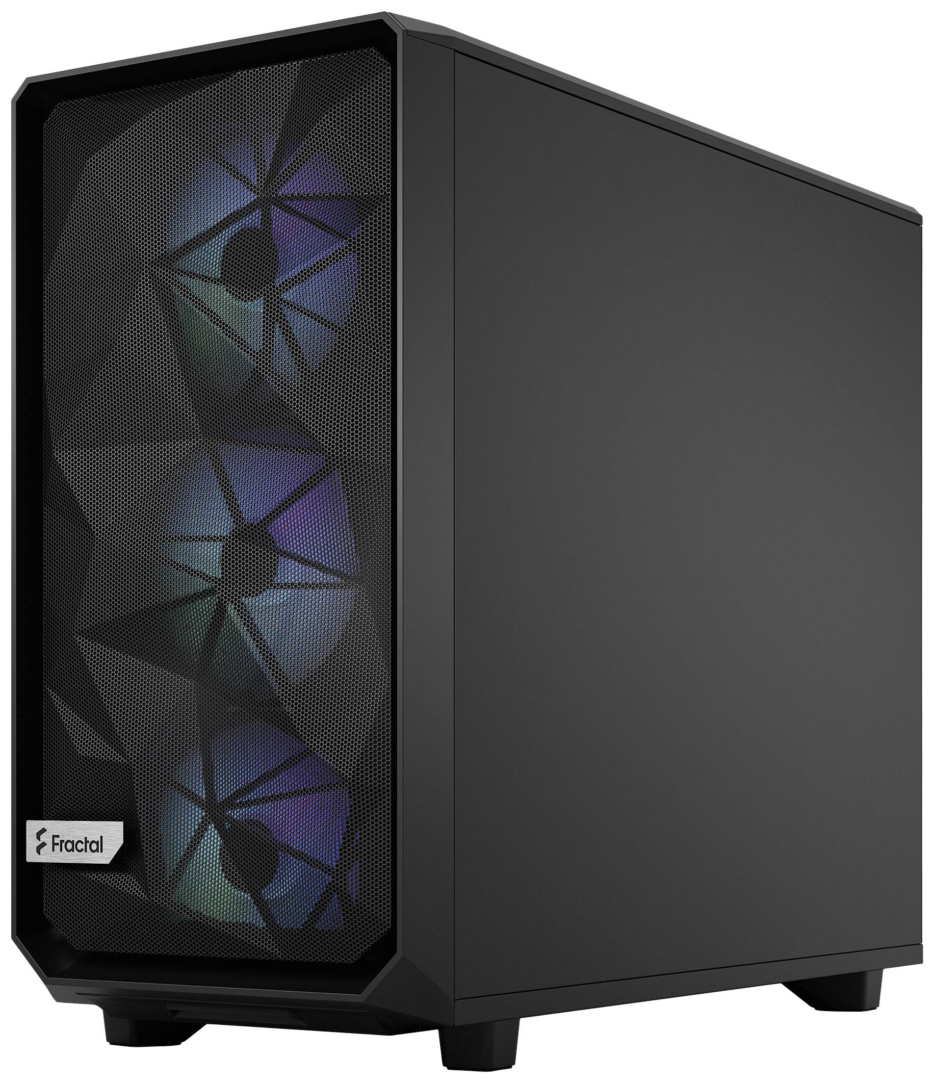 Schwarzes Computergehäuse mit beleuchteten Lüftern an der Vorderseite, die in verschiedenen Farben leuchten.