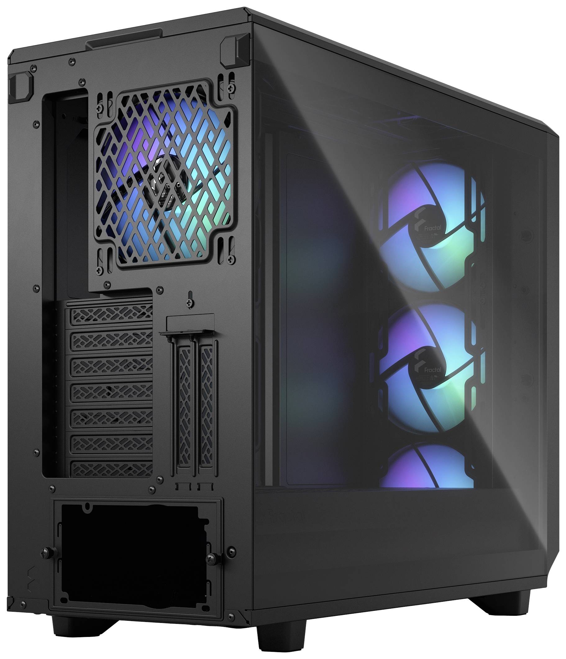 Schwarzes Computergehäuse mit drei farbigen, leuchtenden Lüftern vorne und einem hinten. Seitenwand aus Glas zeigt Innenansicht.