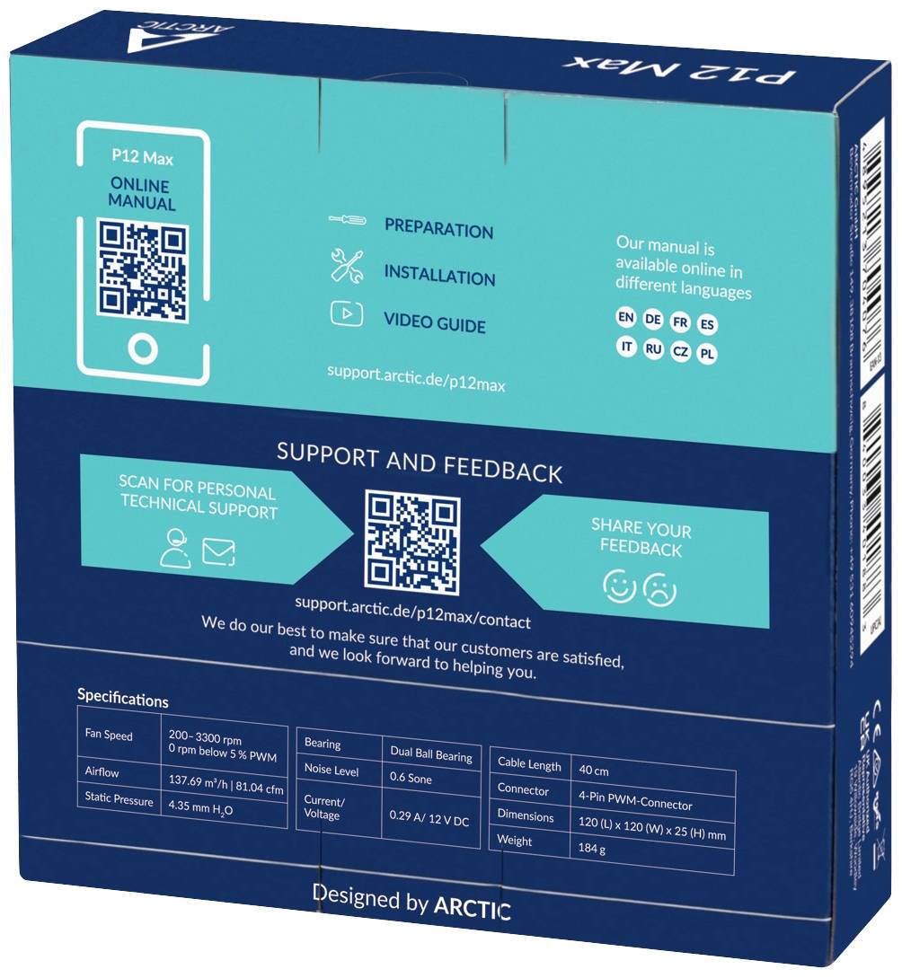Arctic P12 Max - High-performance 120 mm PWM Lüfter CPU-Kühler mit Lüfter Schwarz (B x H x T) 120 x 25 x 120 mm