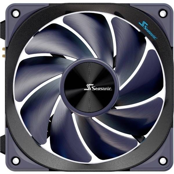 PC-Lüfter der Marke Seasonic in Schwarz und Grau, frontal abgebildet, zeigt fünfzehn große Lamellen und Logo in der Mitte.