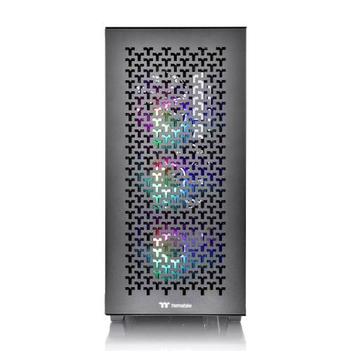 Ein schwarzes Computergehäuse mit durchbrochener Front und bunten LED-Lichtern, die durch das Gittermuster schimmern.