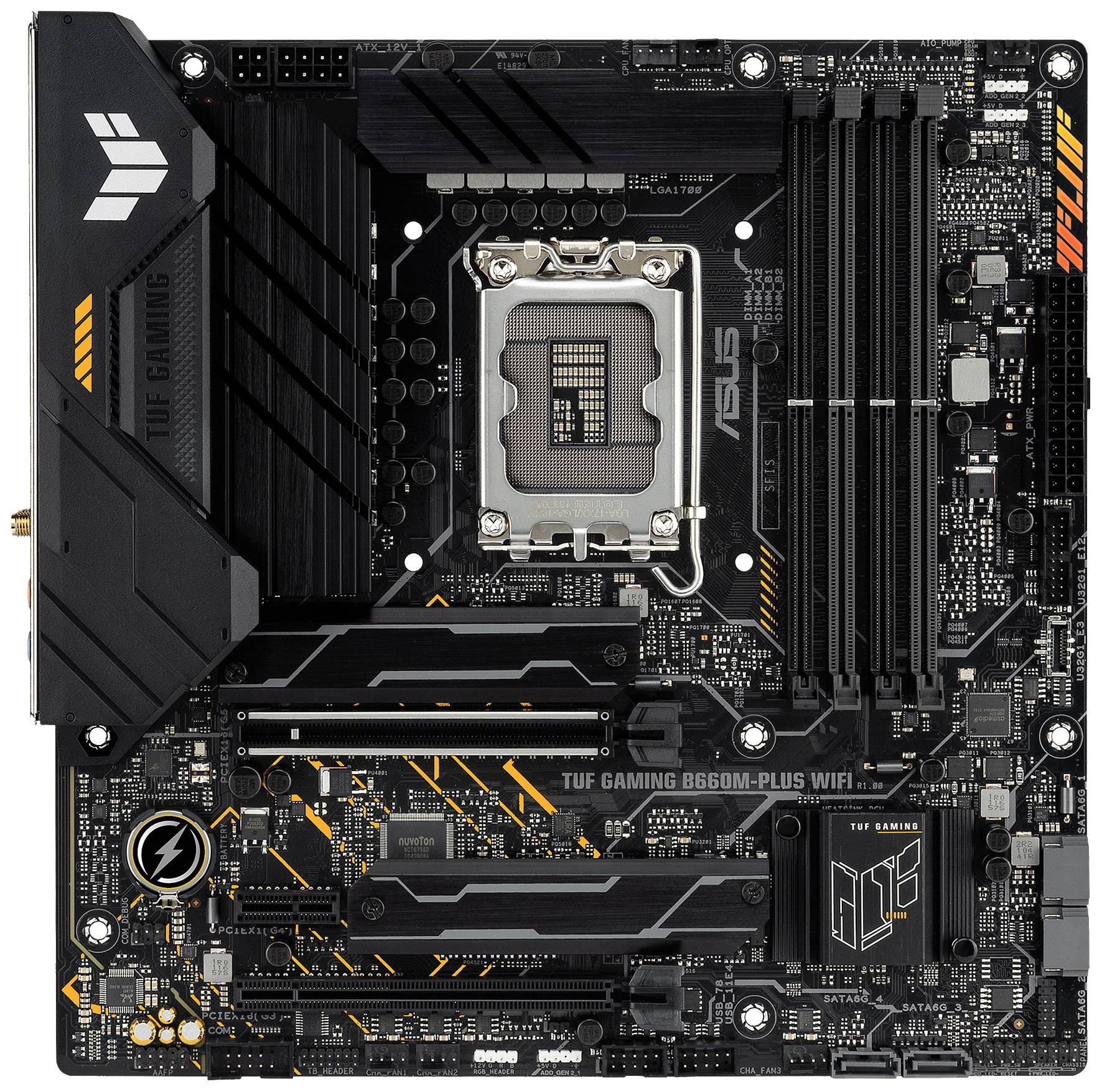 'ASUS TUF Gaming B660M-PLUS WIFI' Mainboard mit Intel-Sockel, vier RAM-Steckplätzen, PCIe-Slots und integriertem Kühlsystem.