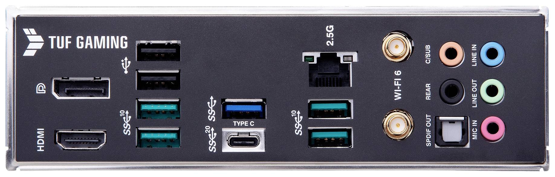 Rückseite eines Computer-Motherboards mit mehreren Anschlüssen: HDMI, DisplayPort, USB-Typ-A und Typ-C, Ethernet und Audio.
