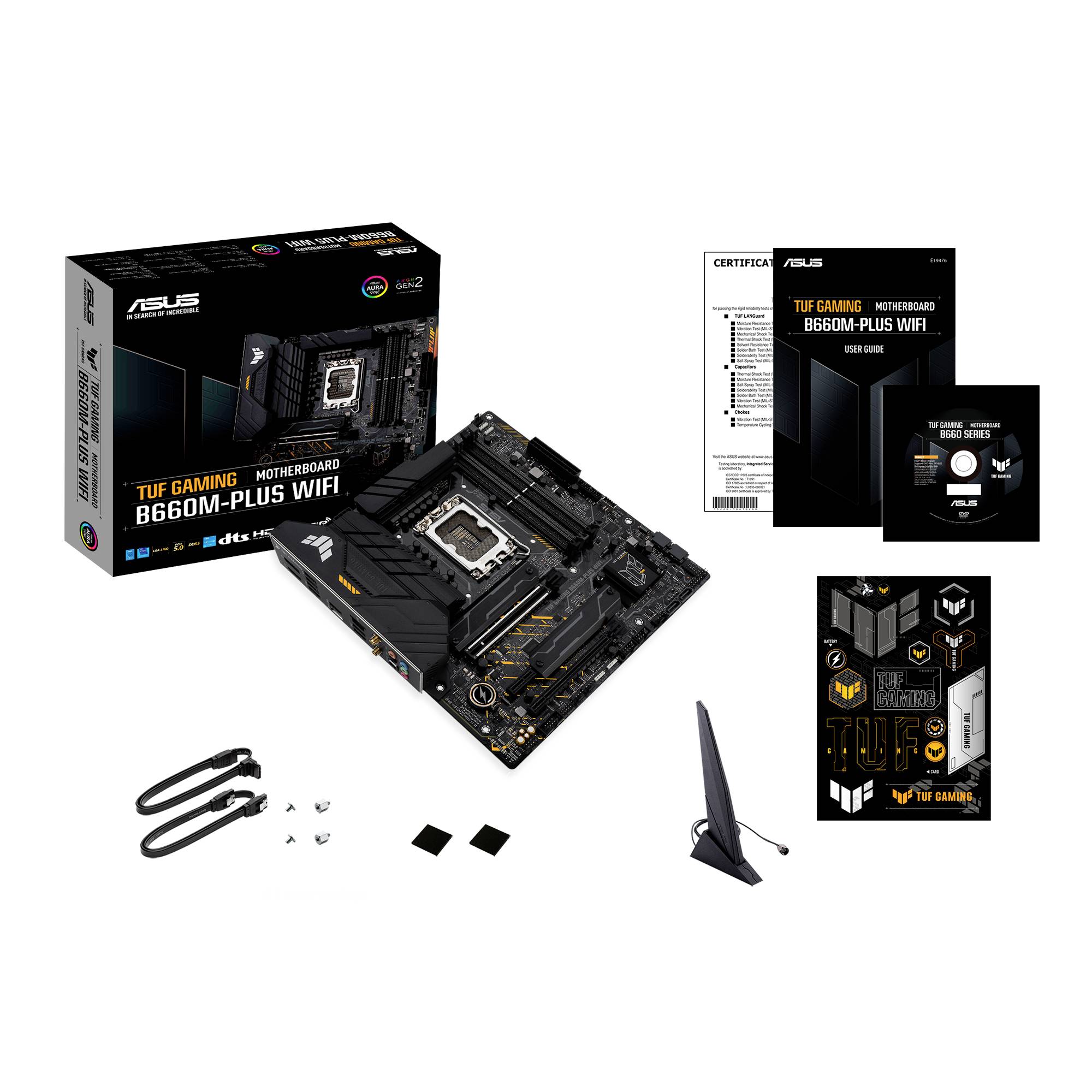 'ASUS TUF Gaming B660M-PLUS WIFI' Motherboard, Verpackung, Manuals, Antenne, Zubehör und Kabel sind abgebildet. Ideal für Gaming-PCs.