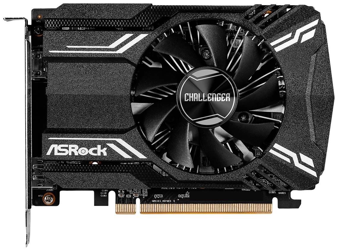 Eine schwarze ASRock-Grafikkarte mit großem Kühler und Lüfter, auf der 'Challenger' steht. Sie besitzt PCIe-Anschlüsse an der Unterseite.
