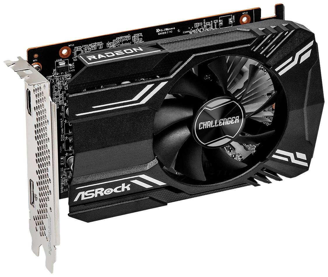 Schwarze Grafikkarte mit silbernen Akzenten. Aufschrift: 'Radeon' und 'Challenger'. Hersteller: ASRock. Lüfter sichtbar.
