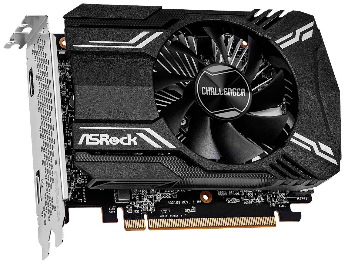 Eine ASRock Grafikkarte mit einem Lüfter in der Mitte. Das Modell ist 'Challenger'. Sie ist schwarz mit weißen Akzenten.