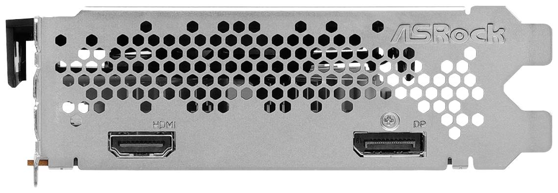 Rückseite einer ASRock-Grafikkarte mit HDMI- und DisplayPort-Anschlüssen.