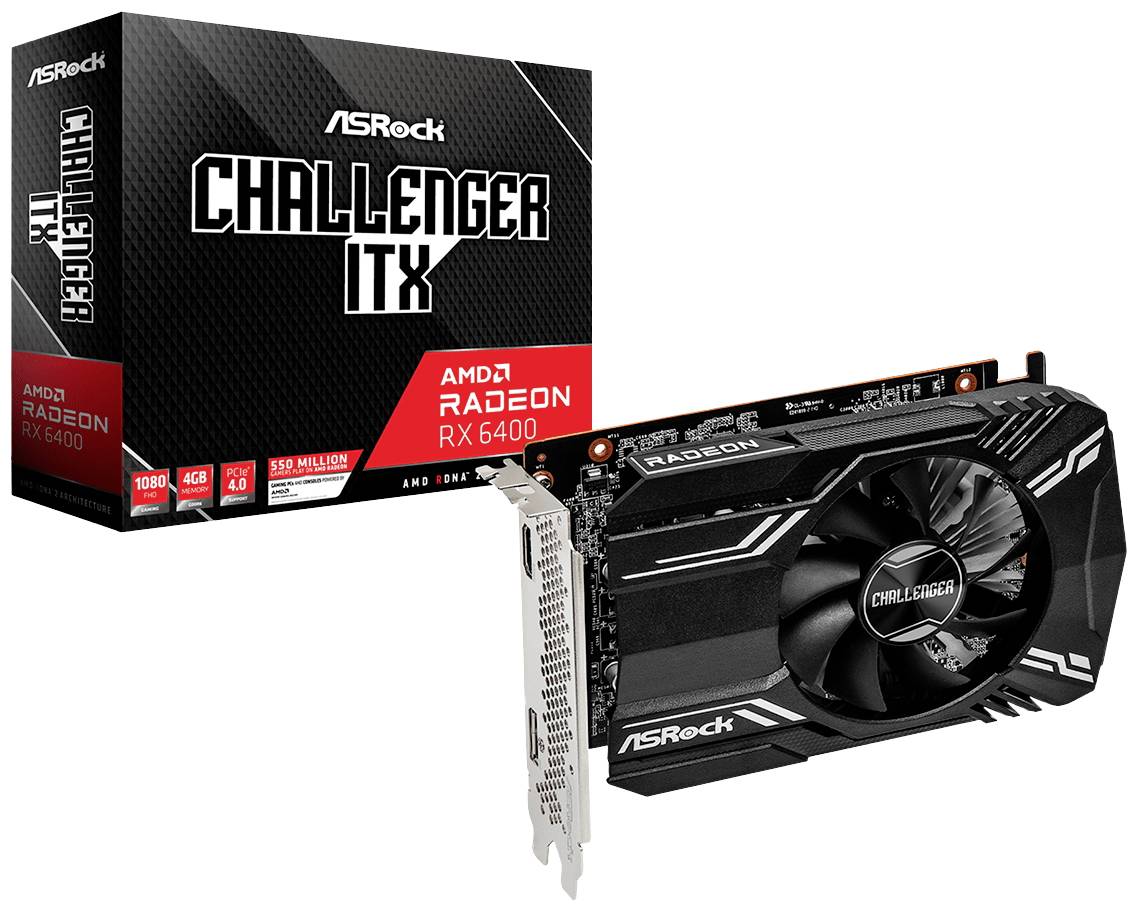 ASRock Challenger ITX RX 6400 Grafikkarte vor Verpackung. Aufgedruckte Spezifikationen: 4GB GDDR6, PCIe 4.0, AMD Radeon RX 6400.