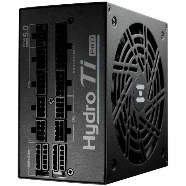 Kompakte, schwarze Computer-Netzteil-Einheit mit Lüfter und mehreren Kabelanschlüssen, darunter PCIe und CPU. Modell: Hydro Ti Pro.