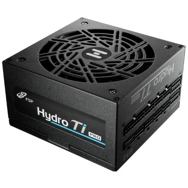 Schwarzes Computer-Netzteil 'Hydro Ti Pro' mit Lüfter oben und mehreren Anschlüssen an der Seite.